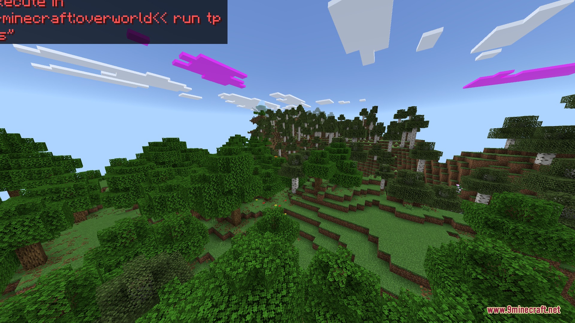 A lush forest landscape featuring vibrant green trees and custom pink cloud formations