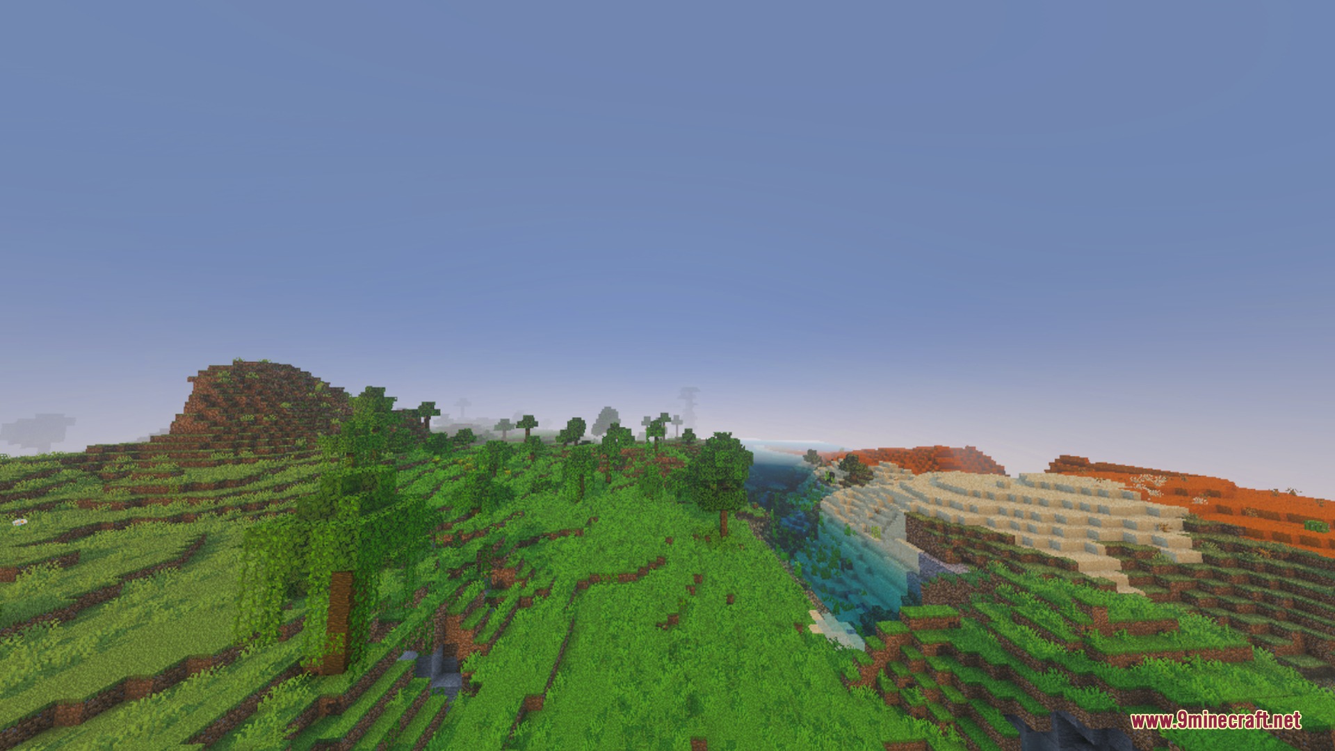 A lush green hillside meets a sandy desert under a clear blue sky