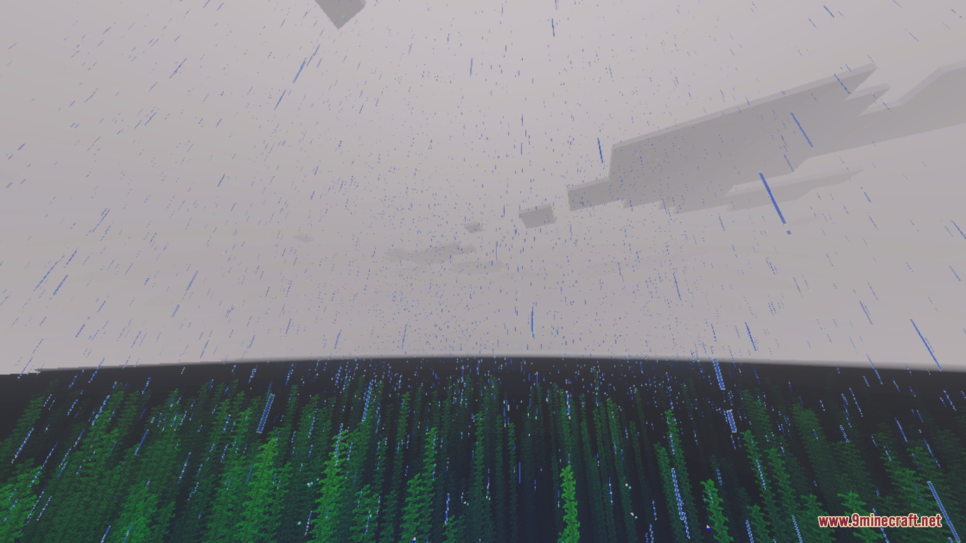 Rain falling over a dark ocean with tall green kelp plants visible