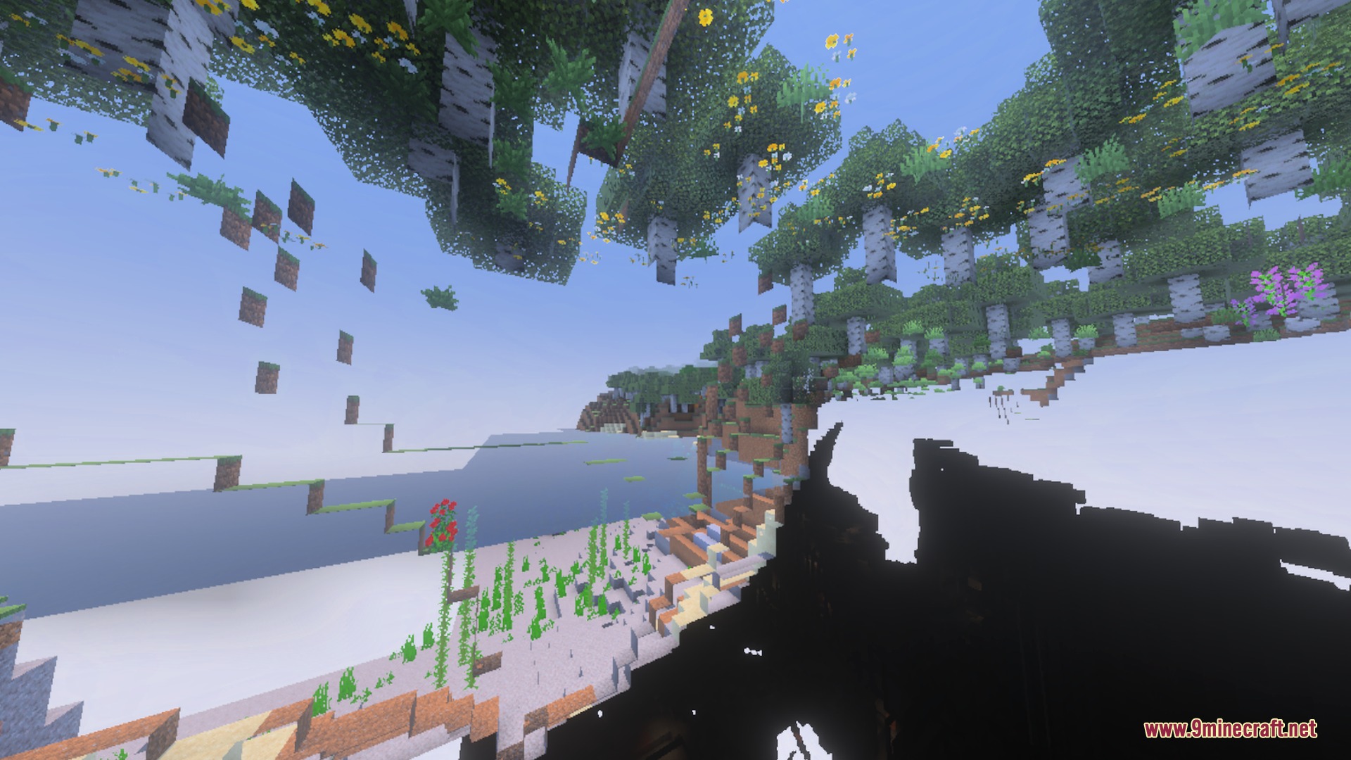 Newb X Daydream Shader Screenshot 3 A surreal Minecraft world with floating islands and distorted terrain perspective