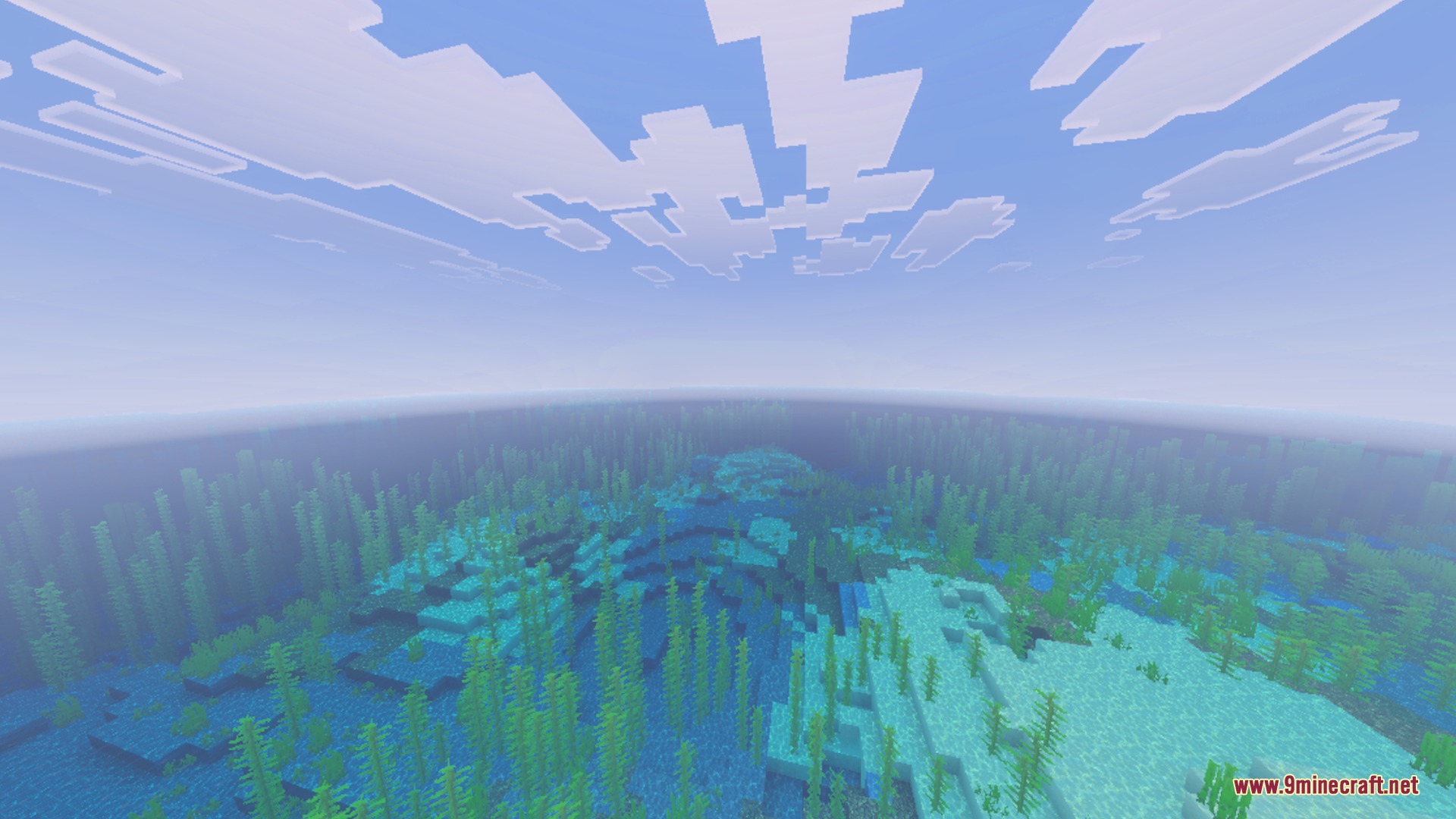 Newb X Daydream Shader Screenshot 5 A serene Minecraft ocean landscape featuring tall kelp and soft fluffy clouds