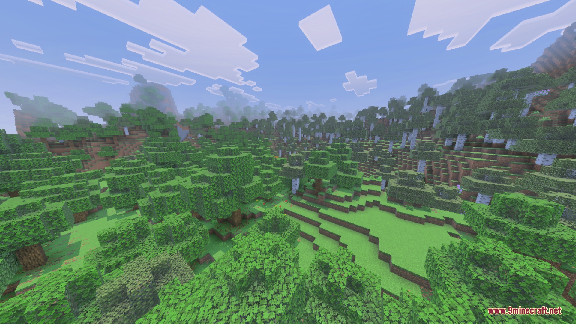 Newb X Daydream Shader Screenshot 7 A lush green forest landscape with birch trees and a peaceful fantasy atmosphere