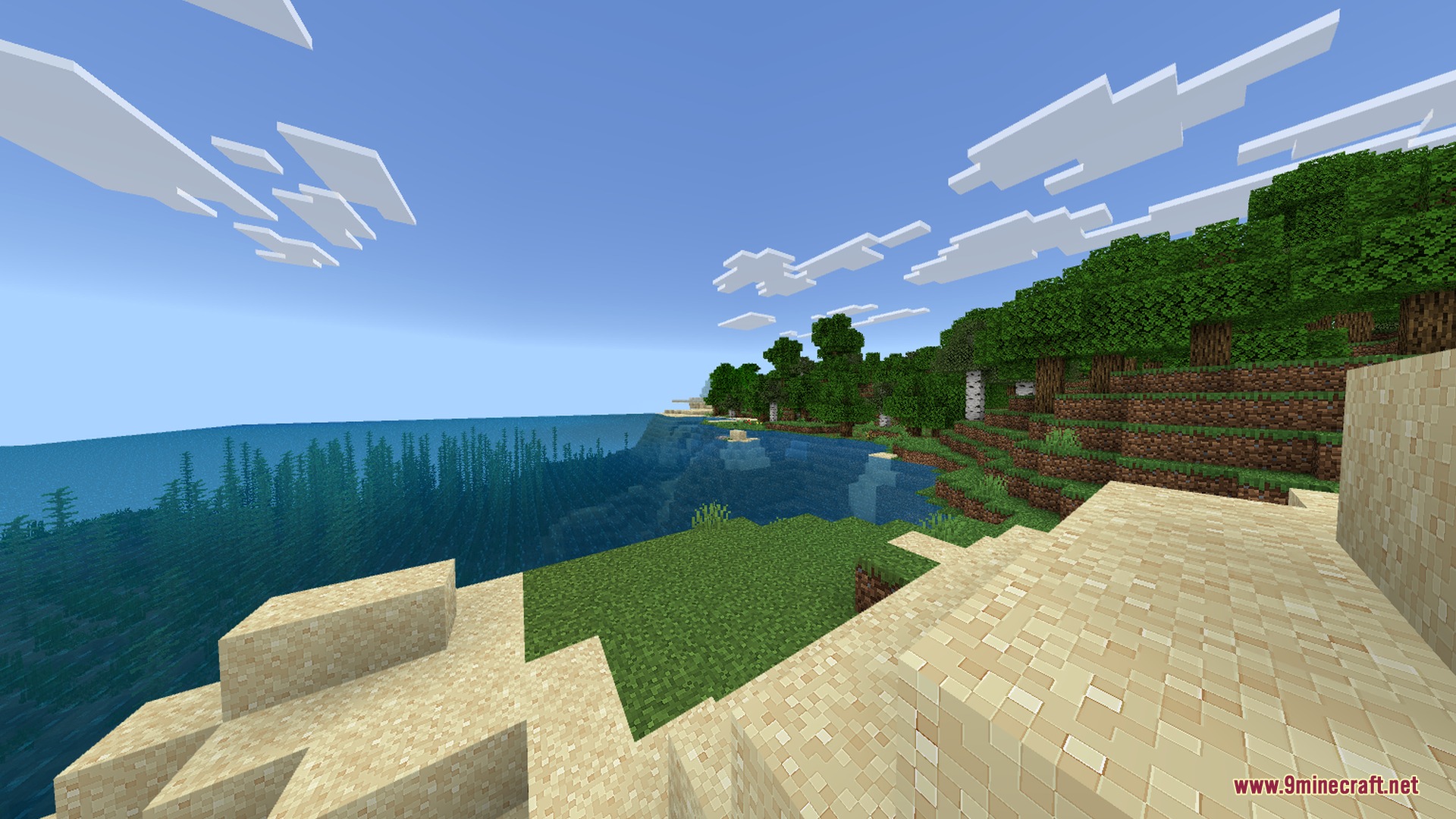 Cinematic lighting and rounded clouds enhance a scenic Minecraft beach and forest