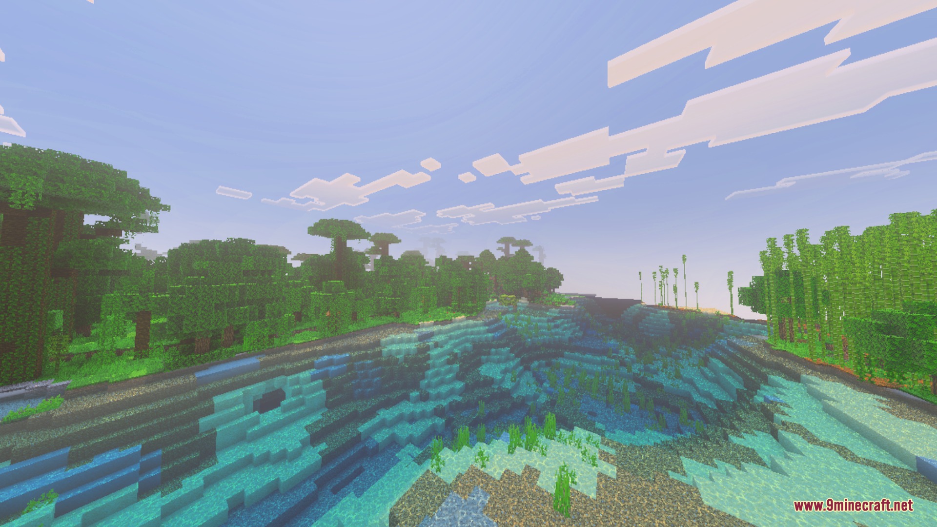 Newb X Supplementary mod features vibrant jungle terrain and clear river water