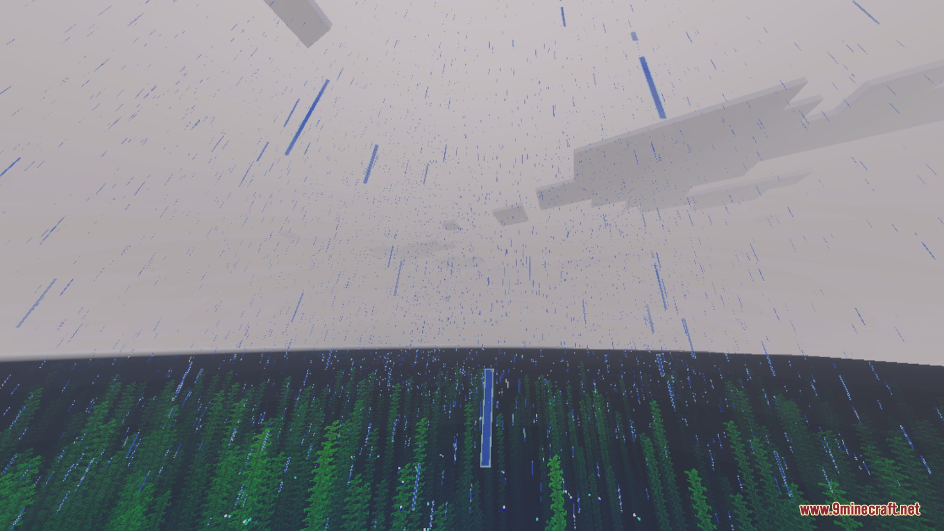Rain falling over a vast ocean with tall green kelp visible underwater