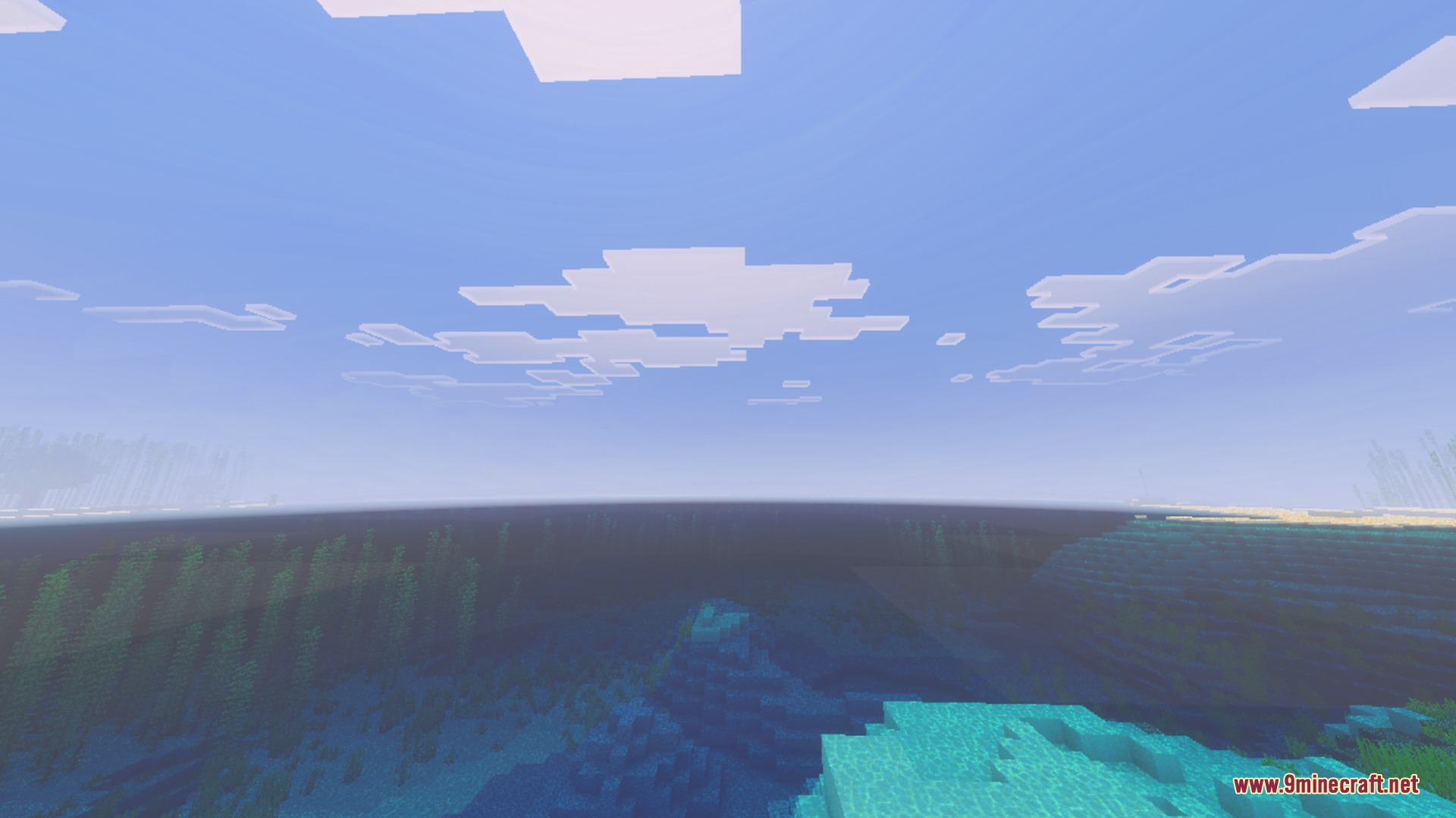 Clear blue ocean water showing underwater vegetation under a bright blocky sky