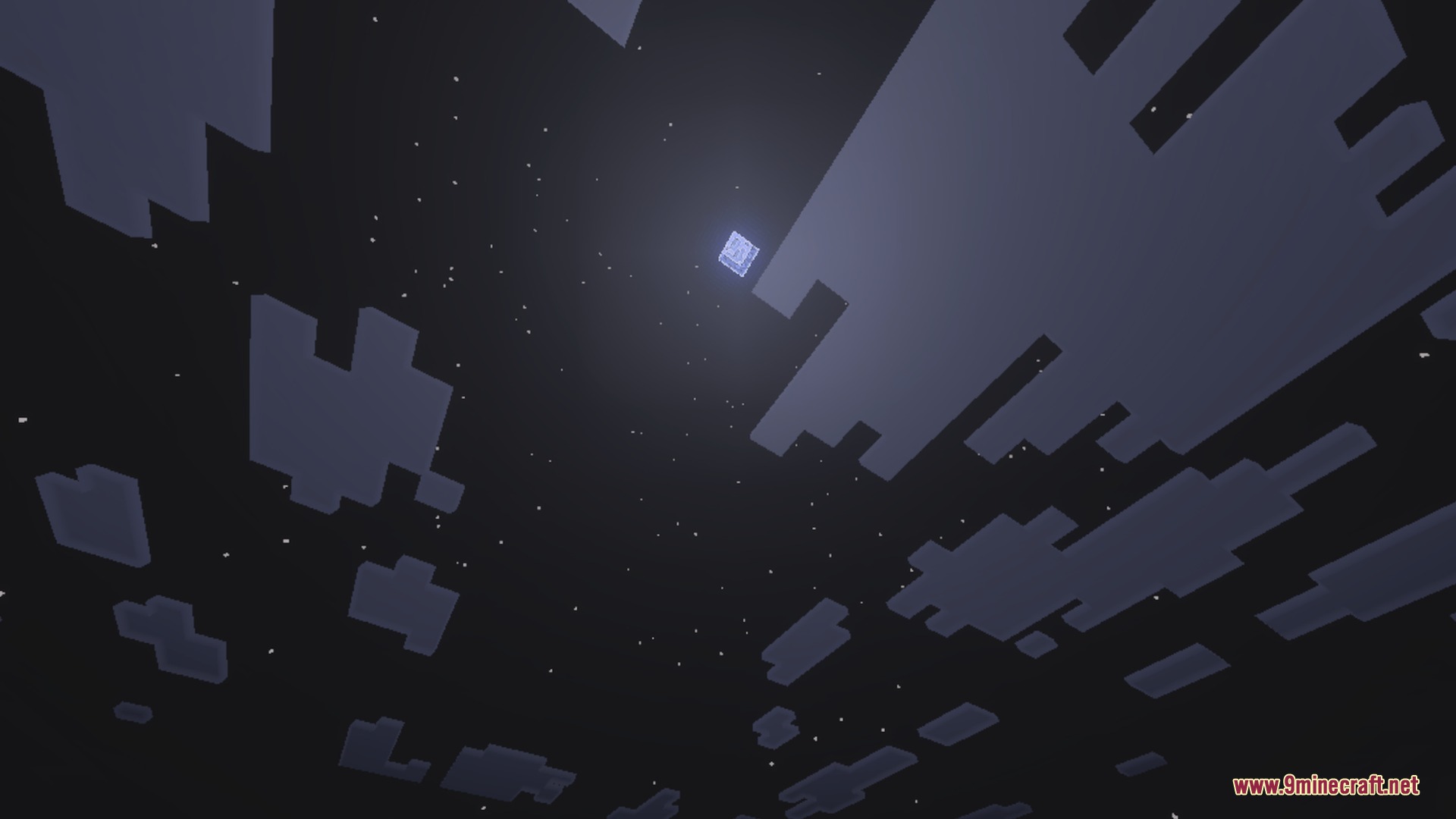 Blocky clouds and stars fill the dark night sky in a Minecraft world