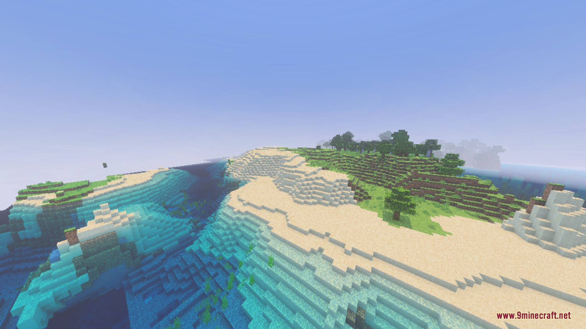 Vibrant Minecraft coastline with sandy beaches and lush green hills