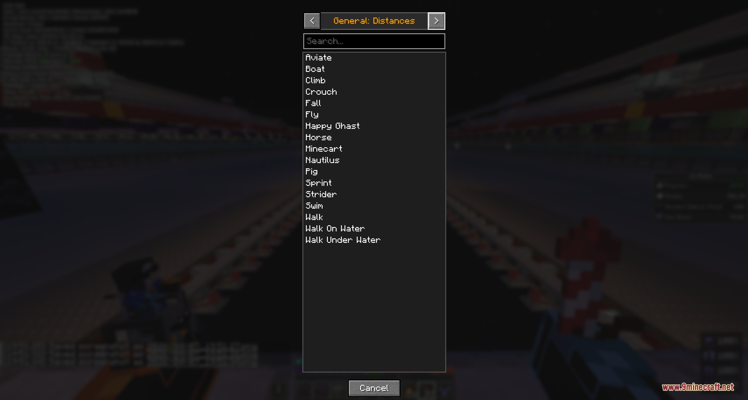 Nix Stats Mod Screenshot 1 The Nix Stats Mod menu showing various movement categories for tracking distances