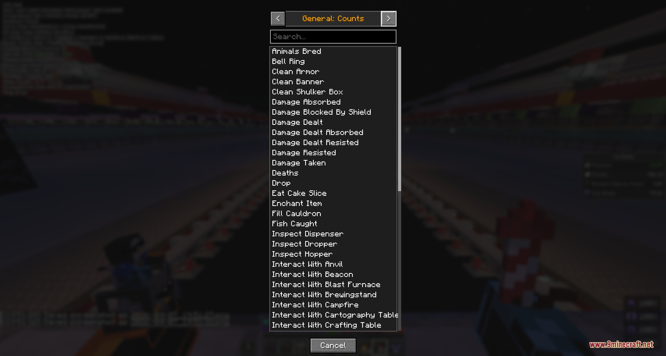 Nix Stats Mod Screenshot 4 A scrollable list of general game statistics available for tracking in Minecraft