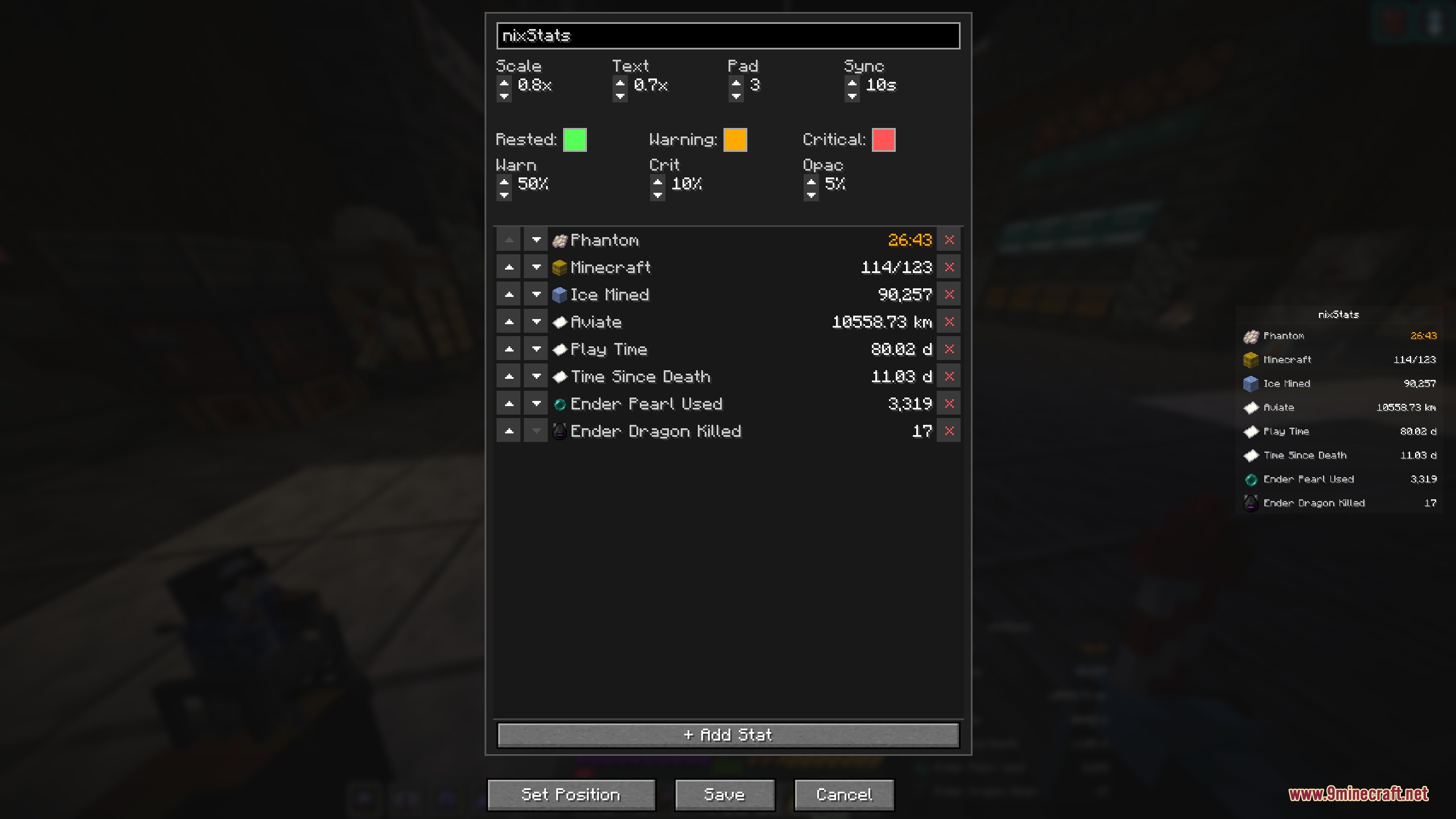 Nix Stats Mod Screenshot 6 The Nix Stats menu showing tracked player data and custom display settings