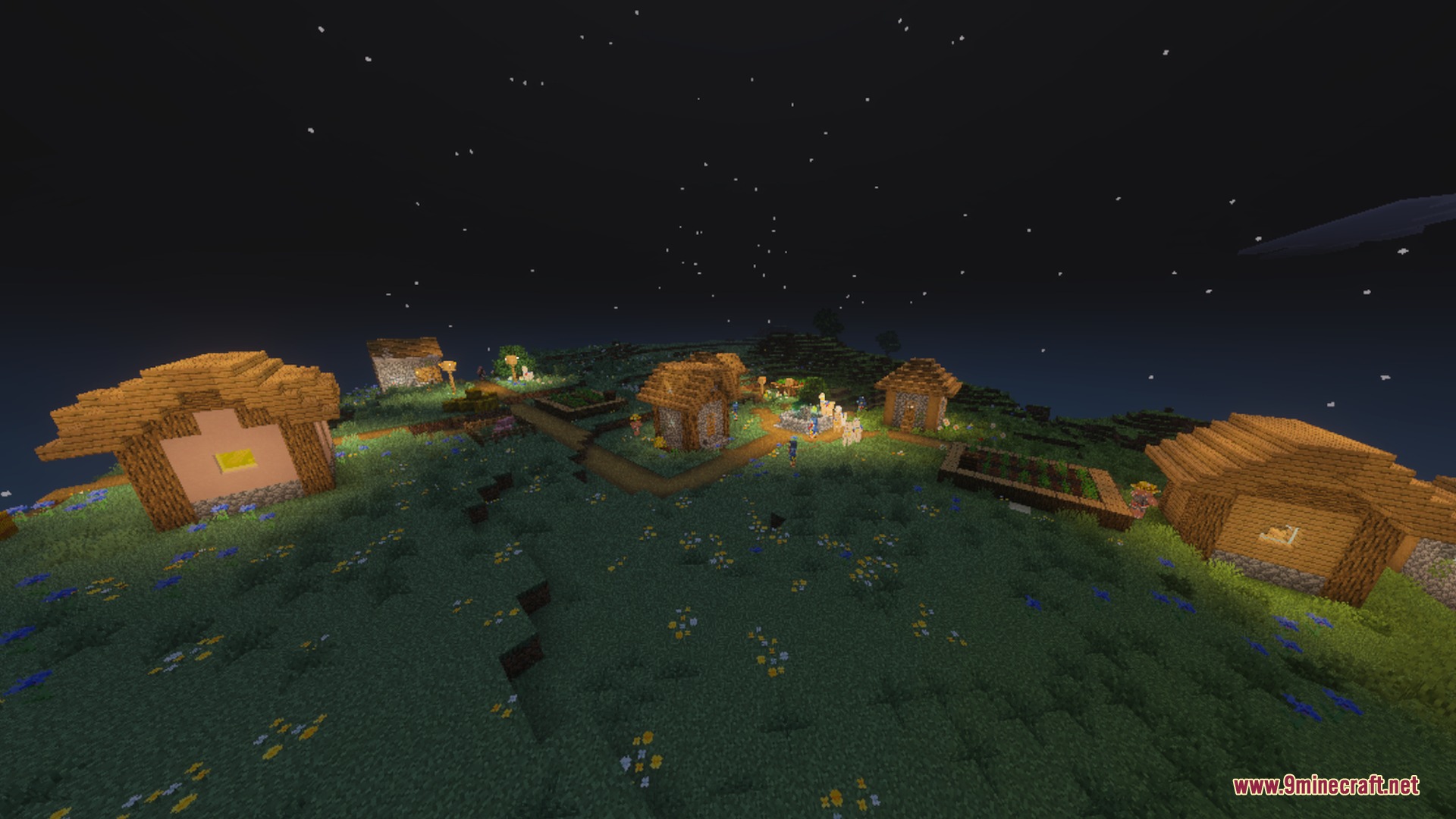 Peaceful Minecraft village at night with warm glowing lights and a starry sky