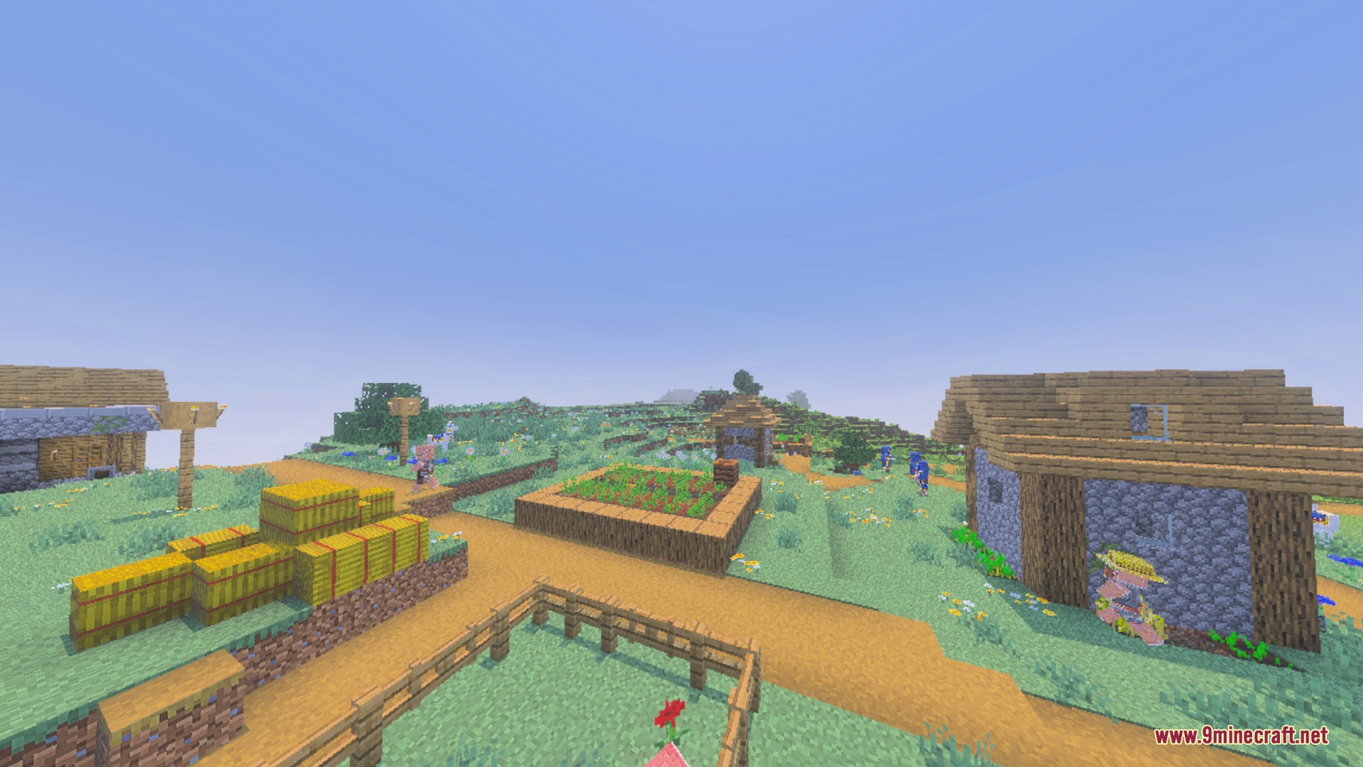 A vibrant Minecraft village with warm lighting and saturated colors during daytime