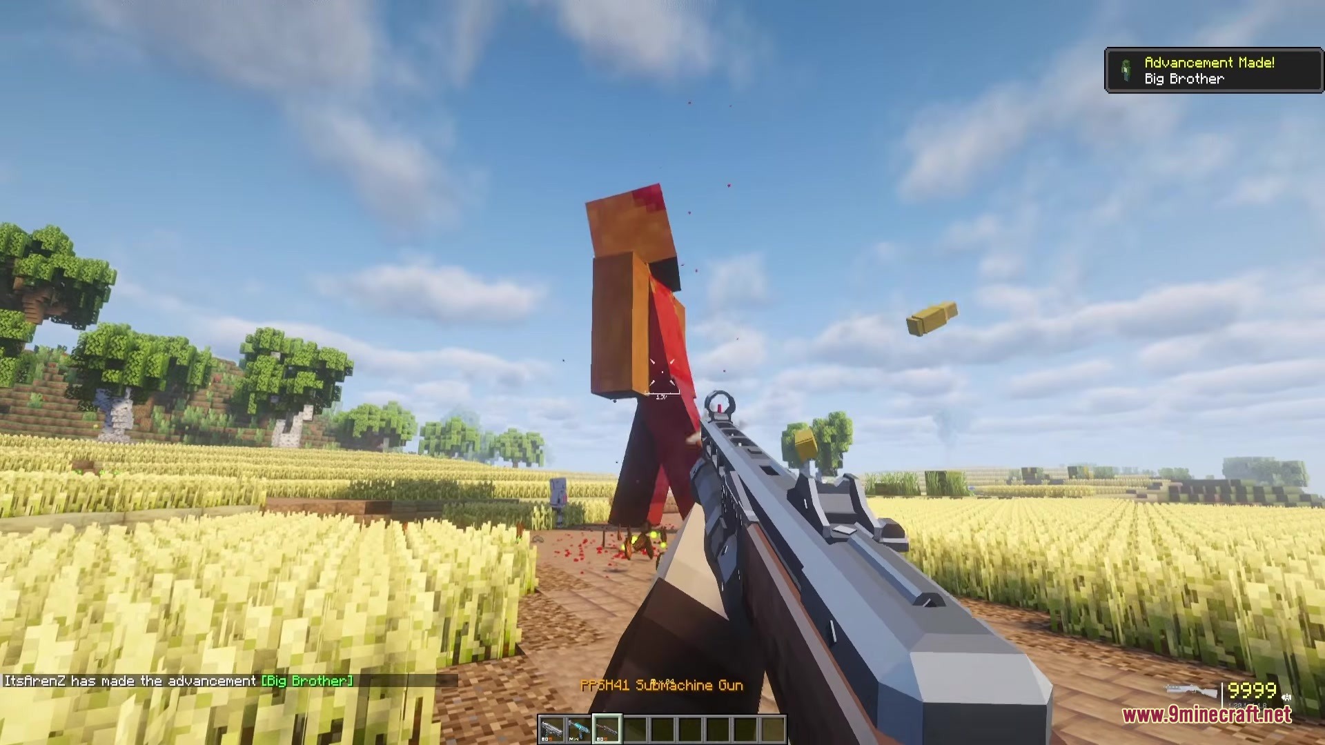 Nolando Zombies Mod Screenshot 1 Player firing a submachine gun at a large red target in wheat field