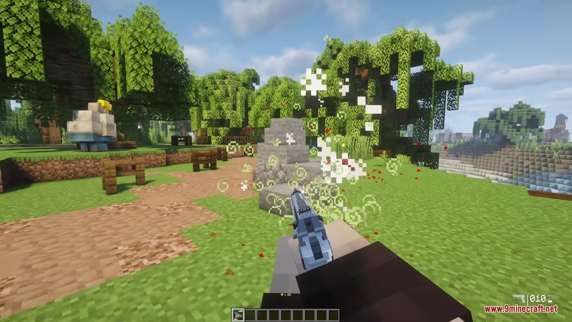 Nolando Zombies Mod Screenshot 2 Player shooting a pistol at a stone block with green particle effects