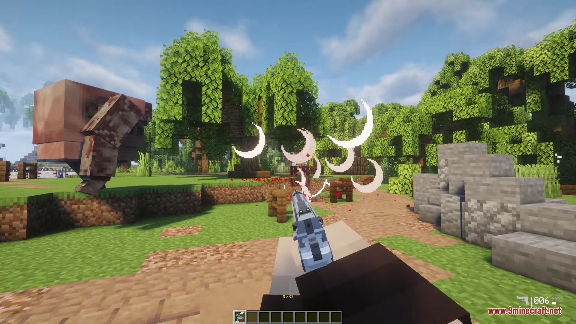 Nolando Zombies Mod Screenshot 4 Player firing a handgun at zombies with white smoke particle effects
