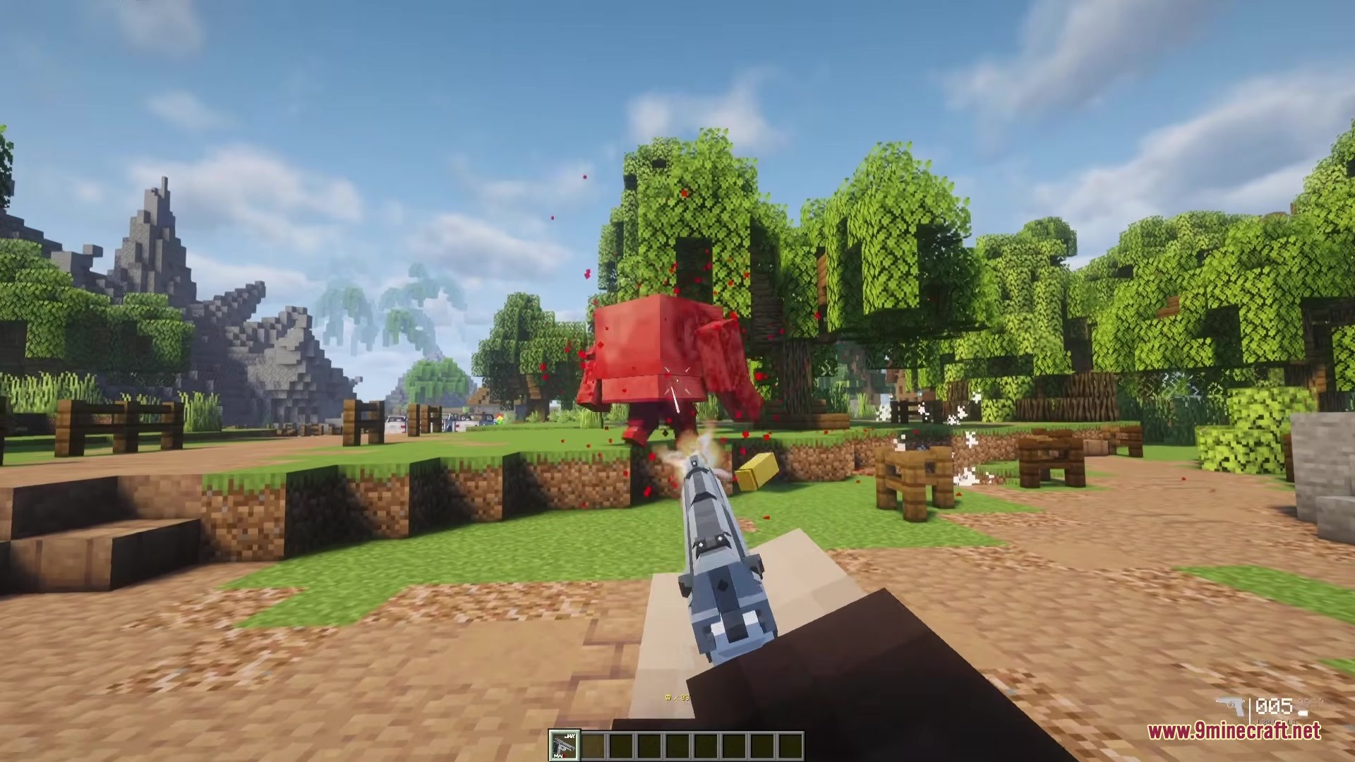 Nolando Zombies Mod Screenshot 5 A player fires a gun at a massive red zombie brute in Minecraft