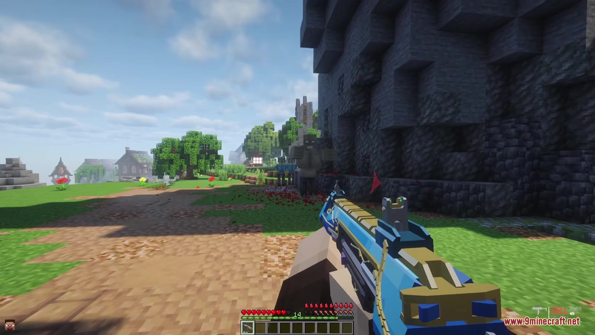Nolando Zombies Mod Screenshot 7 Player aims a blue gun at custom zombies from Nolando Zombies Mod