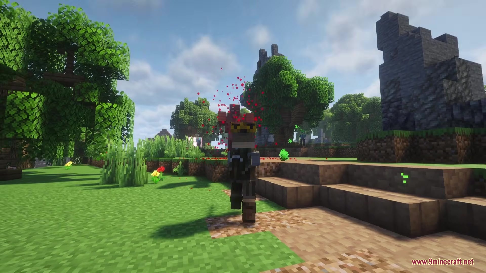 Nolando Zombies Mod Screenshot 8 A fast zombie with red particles chases the player through a green forest