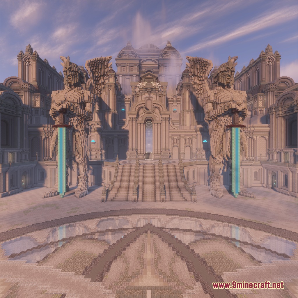 Northern Council Panorama Resource Pack Screenshot 4 The grand Northern Council building with two massive statues holding glowing blue swords