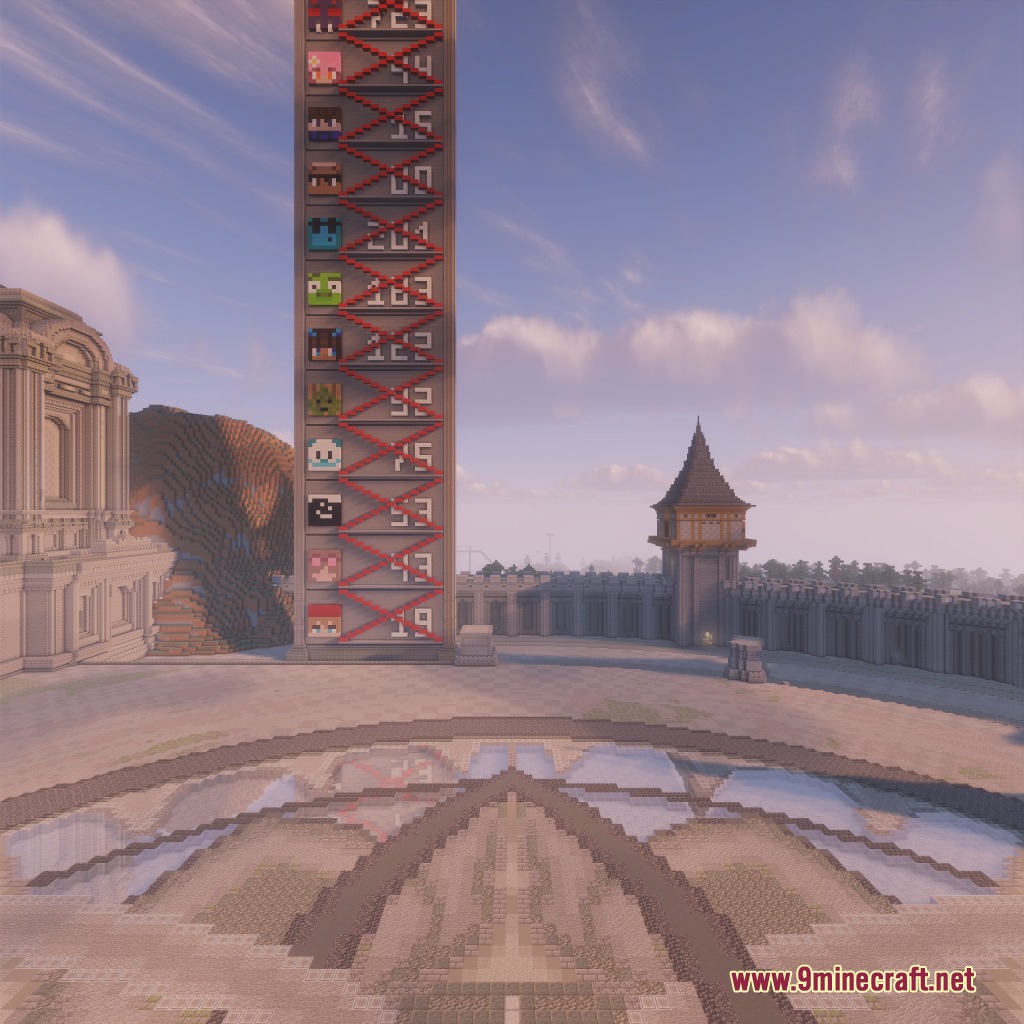 Northern Council Panorama Resource Pack Screenshot 5 A tall tower with player statistics stands in a large stone courtyard