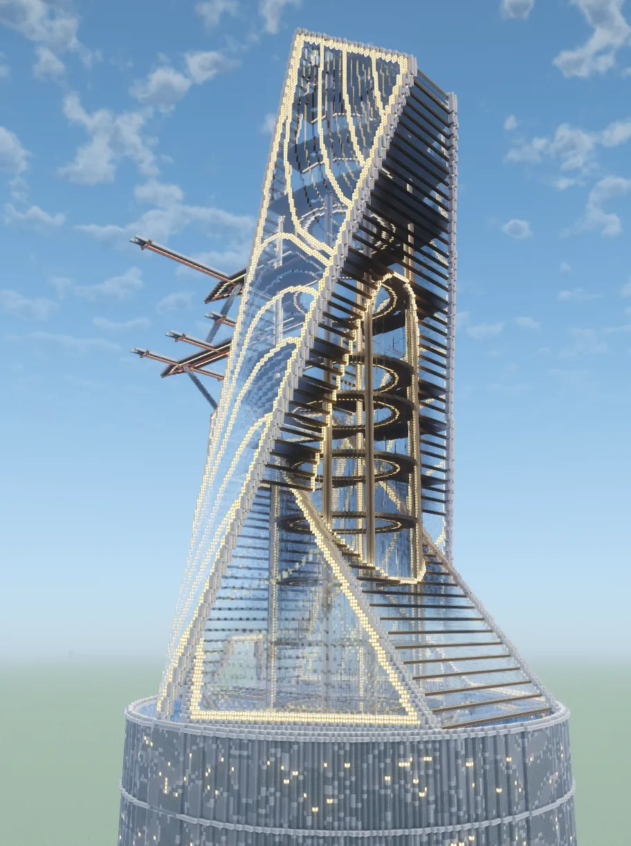 Northern Spire Futuristic Airship Terminal Unfurnished Shell Schematic Screenshots 1 Detailed view of a futuristic glass tower shell with lights