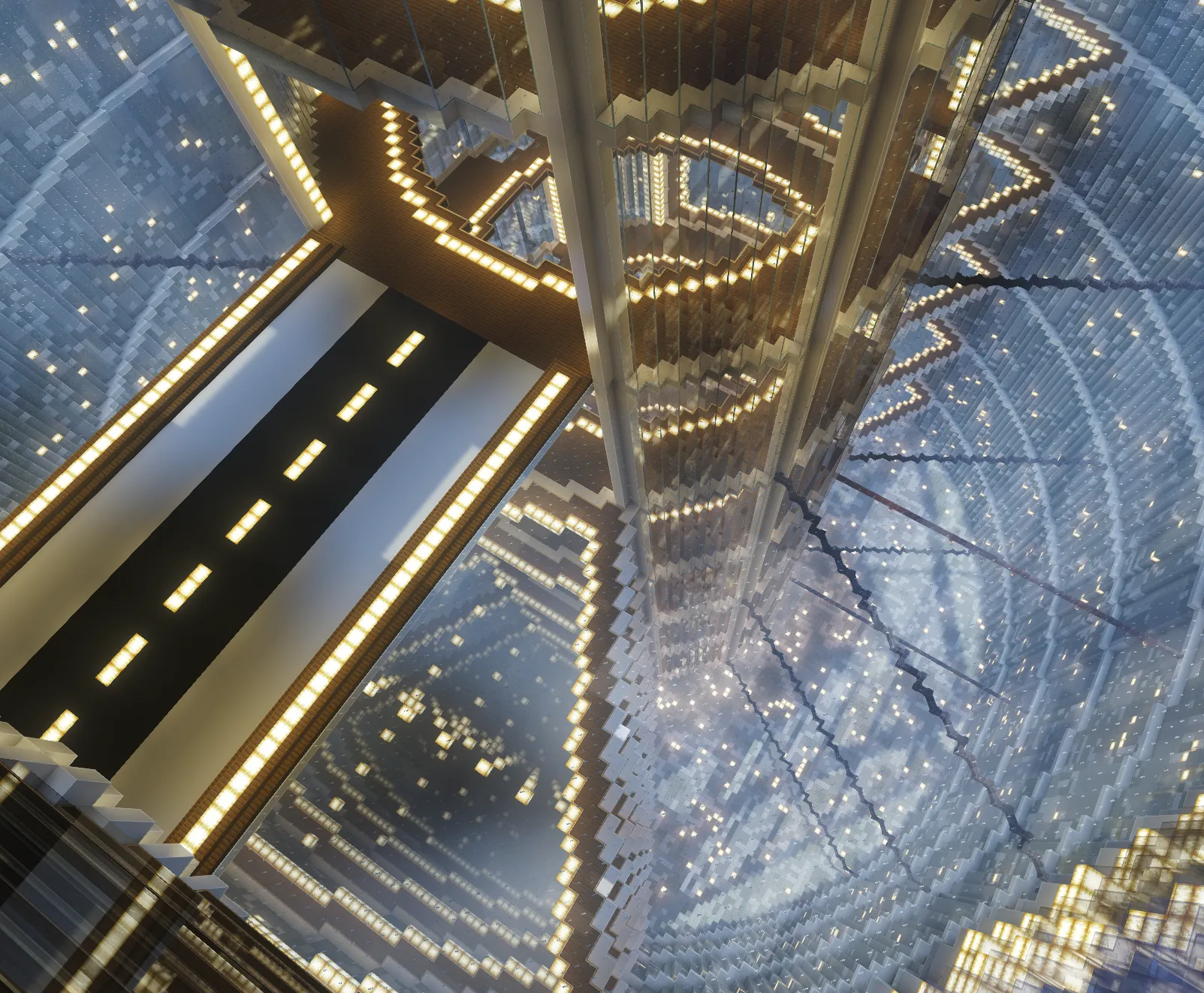 Northern Spire Futuristic Airship Terminal Unfurnished Shell Schematic Screenshots 4 Looking down into a massive futuristic terminal with glowing walkways