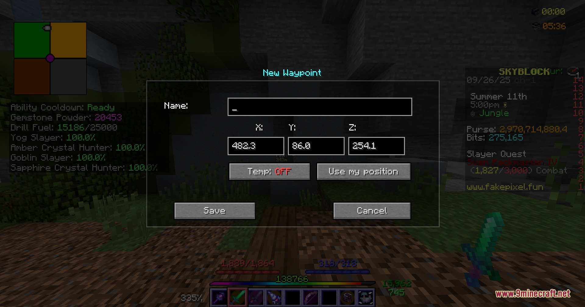 Not Enough Fakepixel Mod Screenshot 1 Player configures a custom waypoint location within the game interface for easier navigation