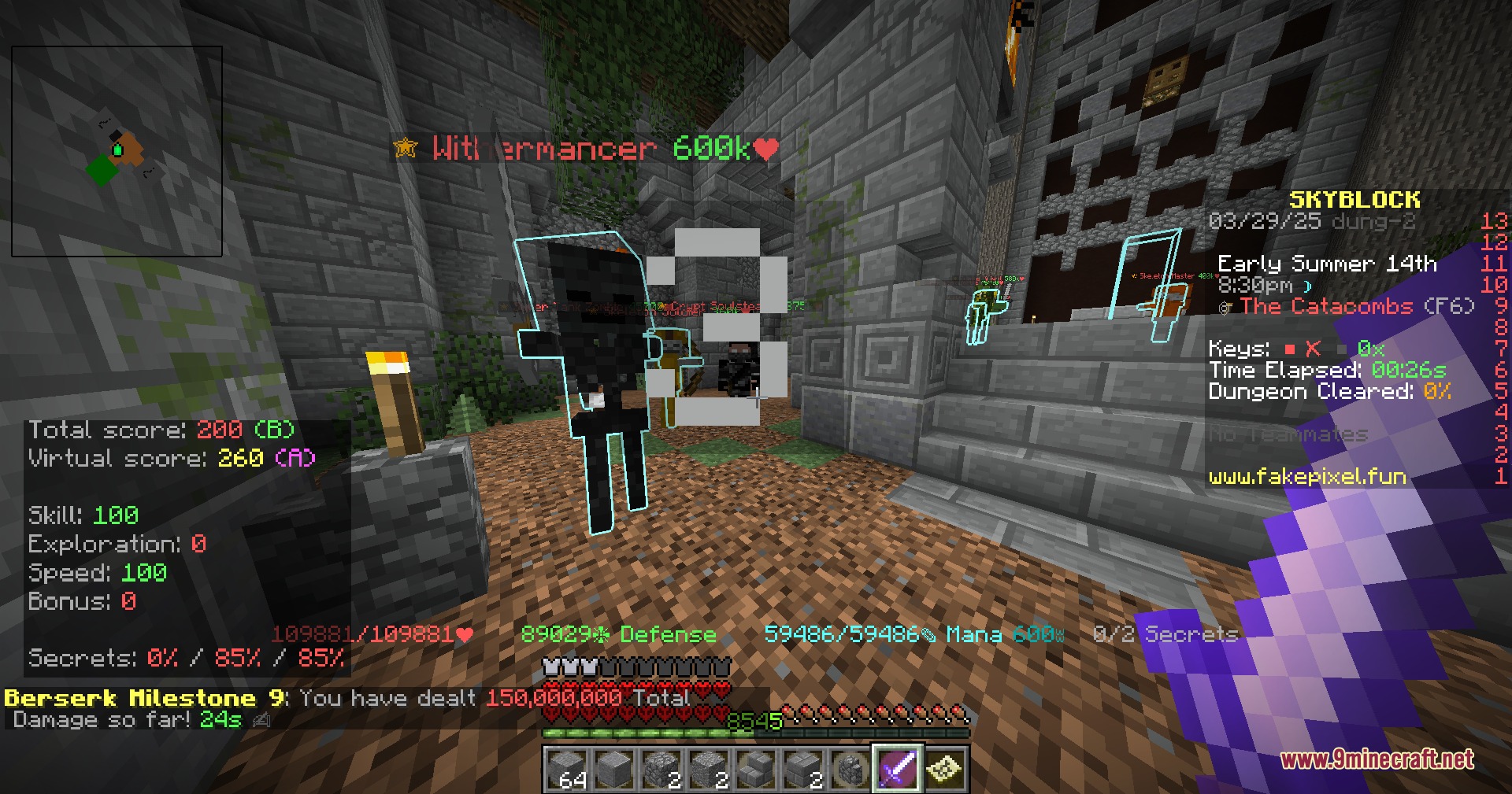 Not Enough Fakepixel Mod Screenshot 3 Player fighting a Wither Skeleton in a dungeon with detailed Skyblock interface overlays