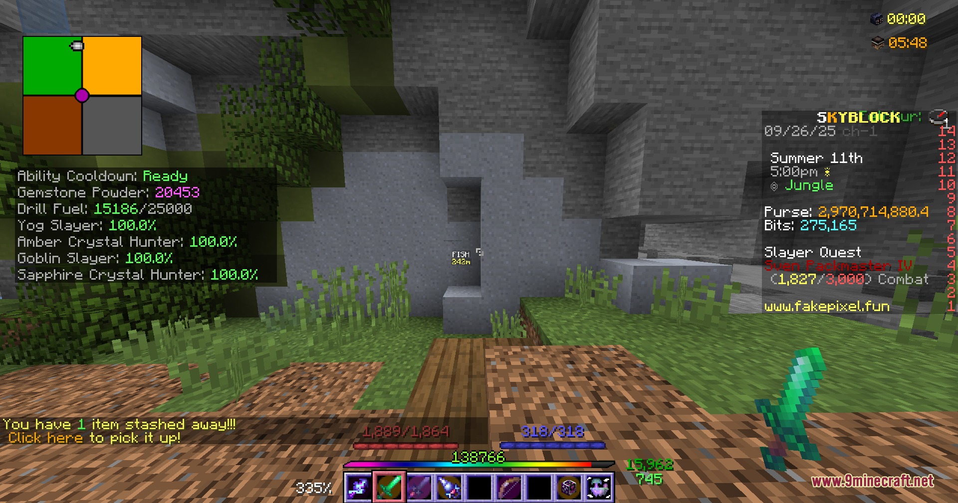Not Enough Fakepixel Mod Screenshot 4 Player exploring a jungle biome with mining and slayer quest tracking interface overlays
