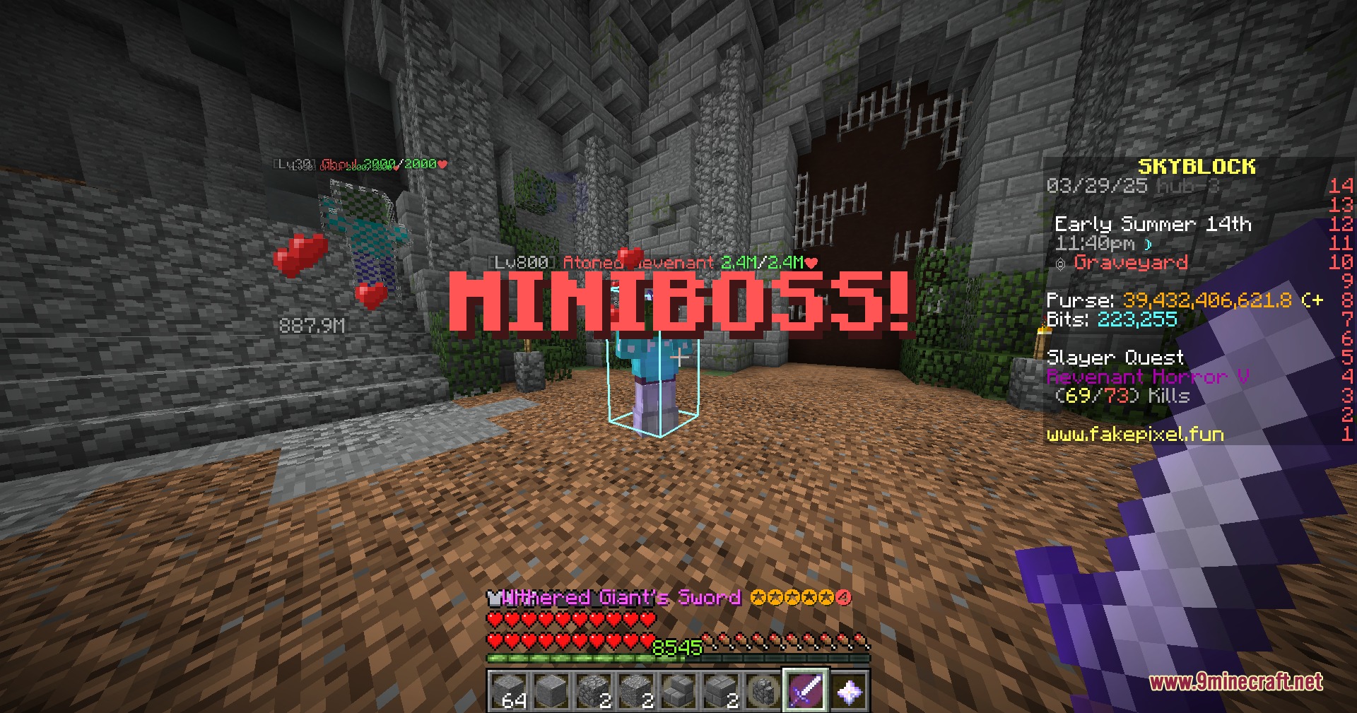 Not Enough Fakepixel Mod Screenshot 6 Player fighting a miniboss in the graveyard with a large red warning title