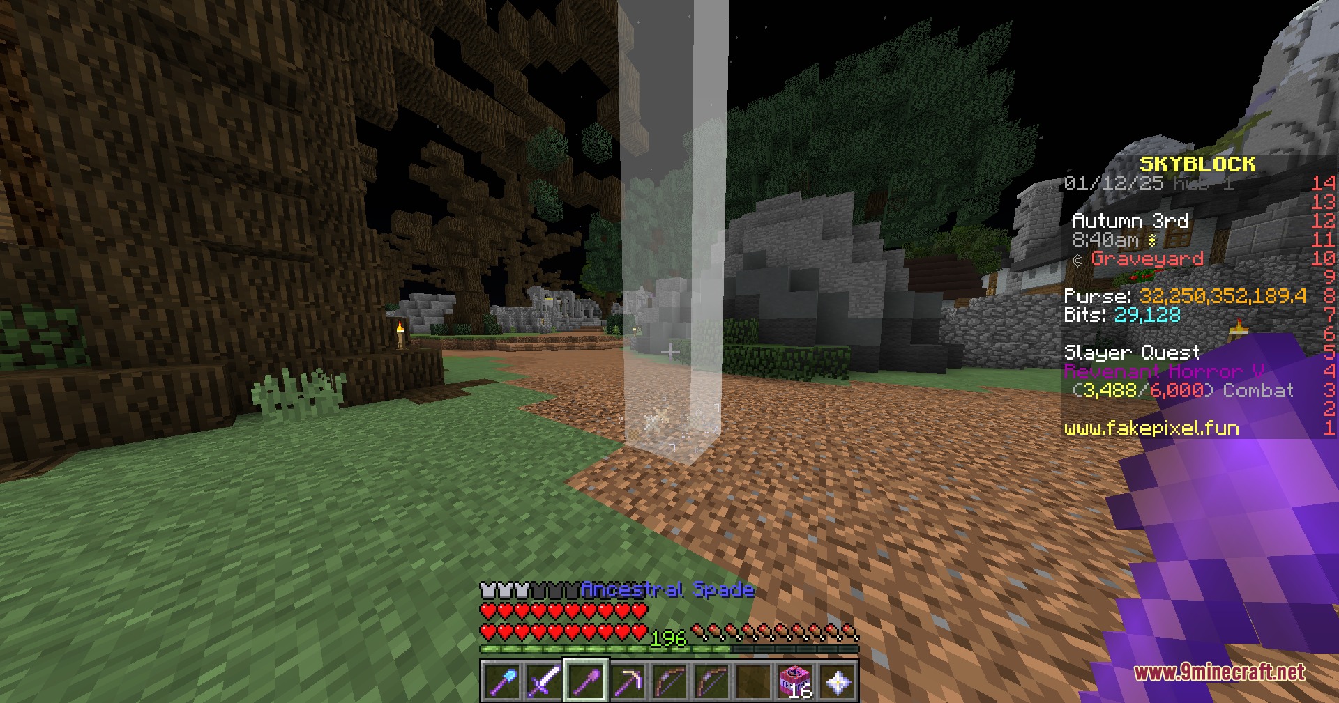 Not Enough Fakepixel Mod Screenshot 7 Player holding an Ancestral Spade tracking a white Diana burrow waypoint beam