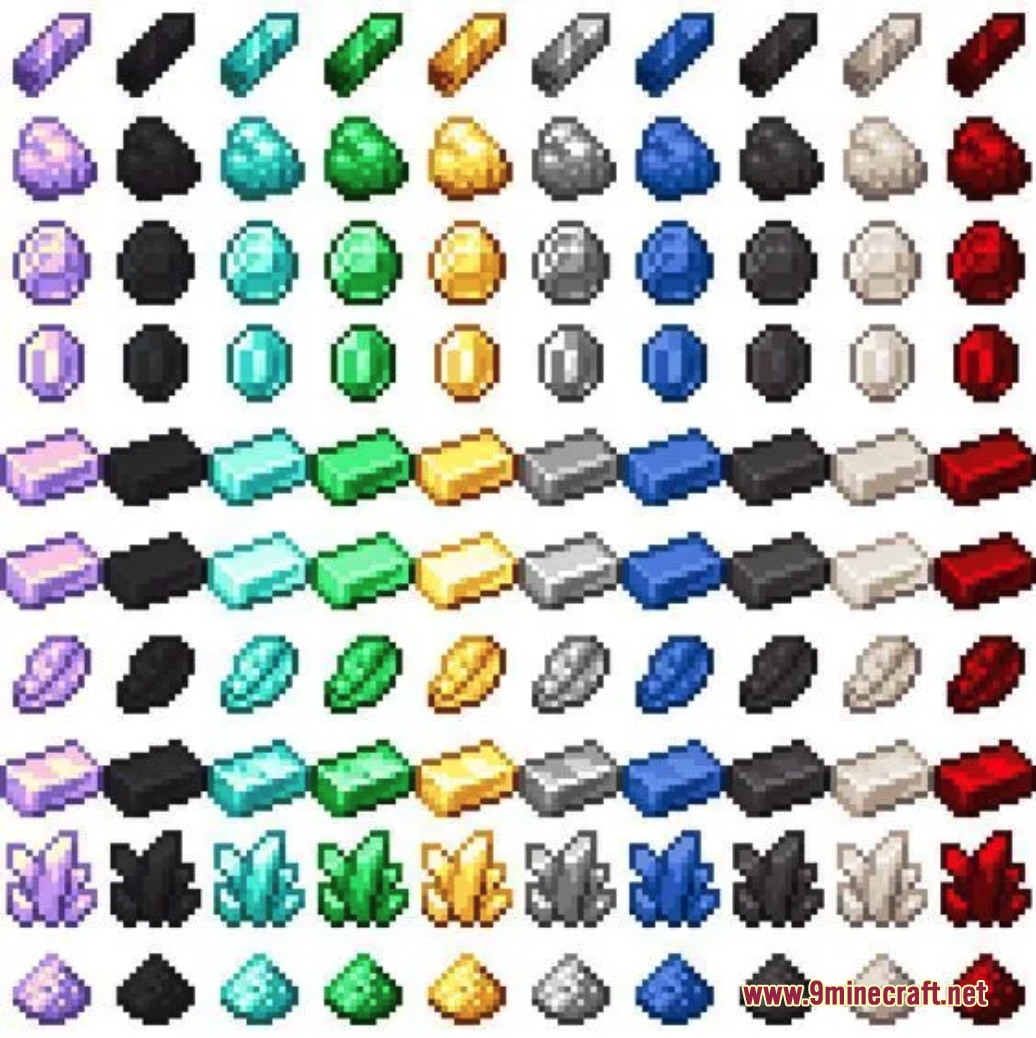Notches Currency Mod Screenshot 1 A grid of colorful custom currency items including gems ingots and dust