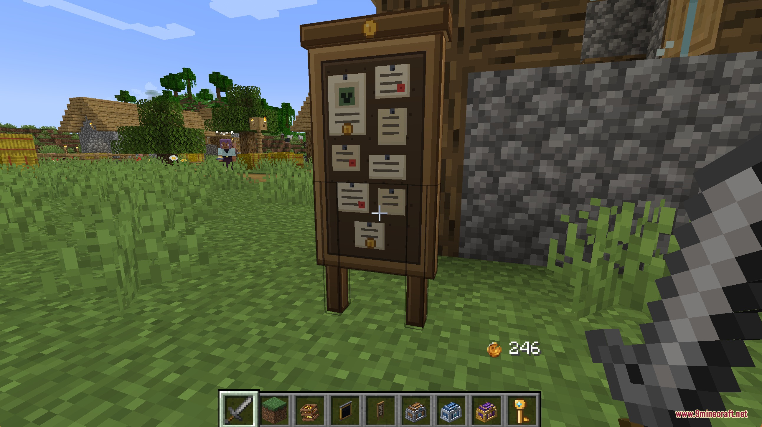 Notches Currency Mod Screenshot 5 A wooden bounty board standing in a grassy field next to a building