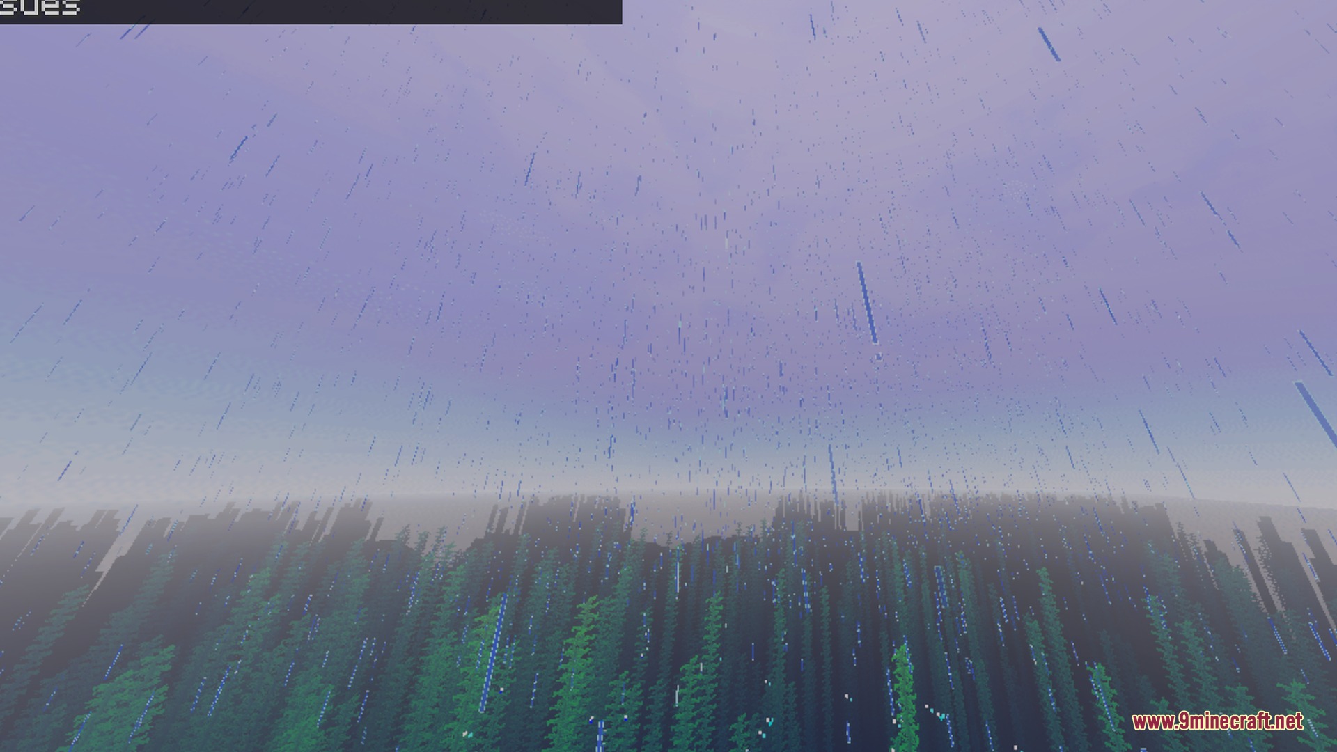 Nova Light Shader Screenshot 10 Rain falling from a hazy sky over a dense green forest landscape