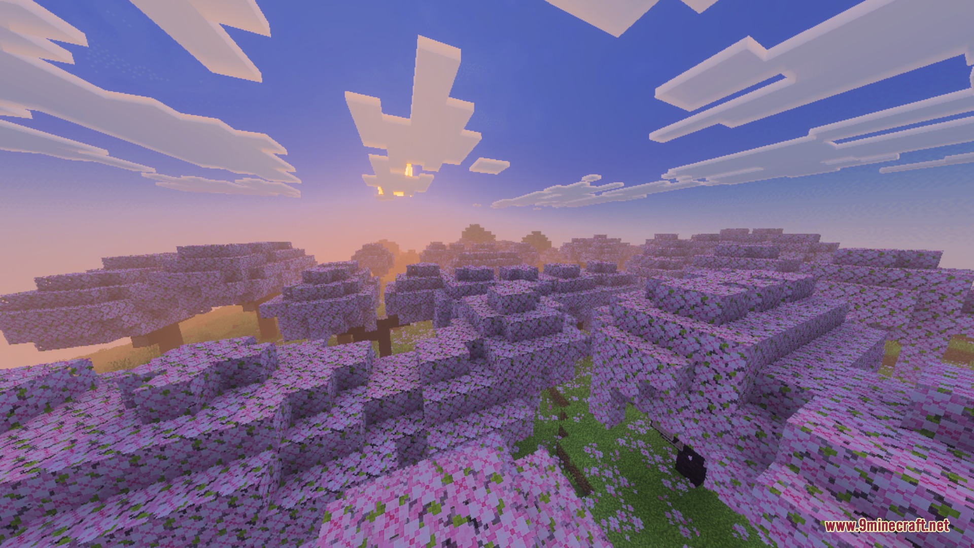 Nova Light Shader Screenshot 2 Pink cherry blossom trees covering the landscape under a soft sunset sky