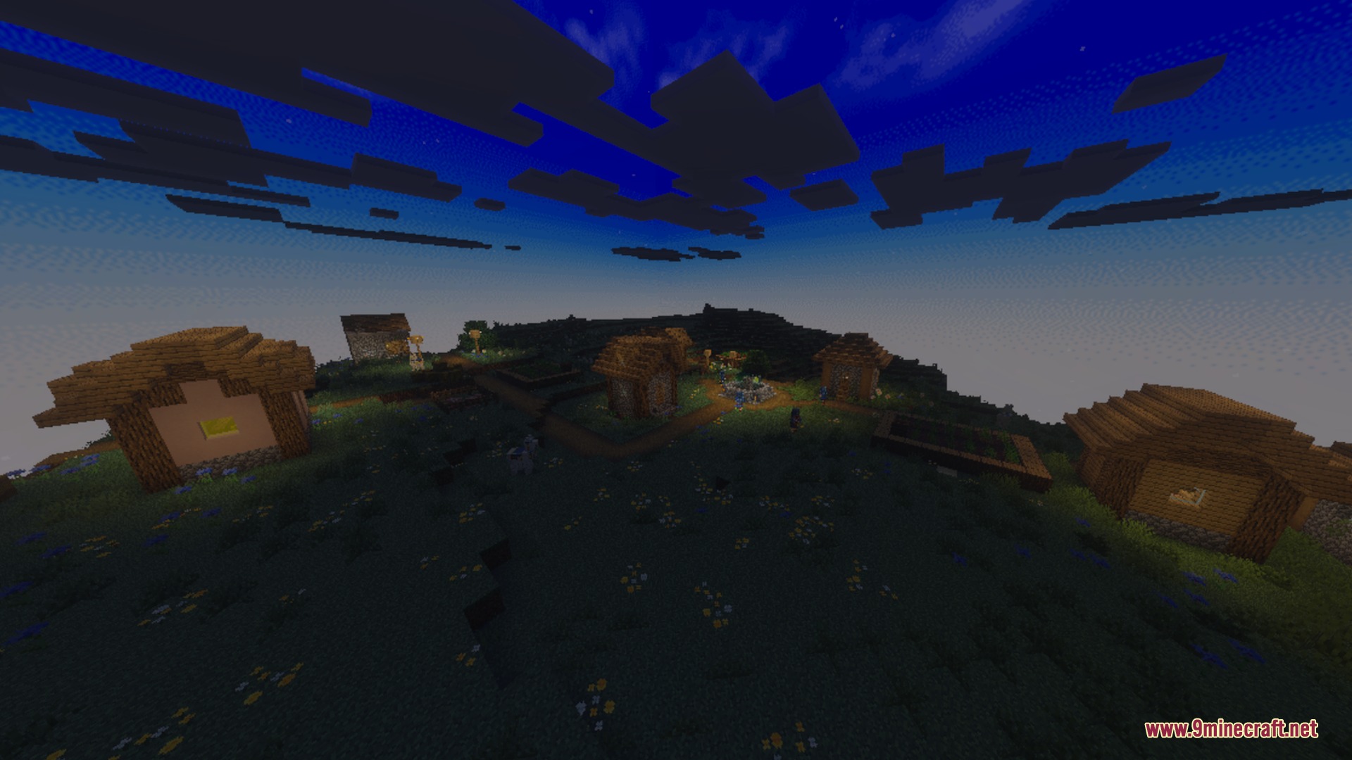Nova Light Shader Screenshot 3 Nova light shader enhances the night sky over a small Minecraft village