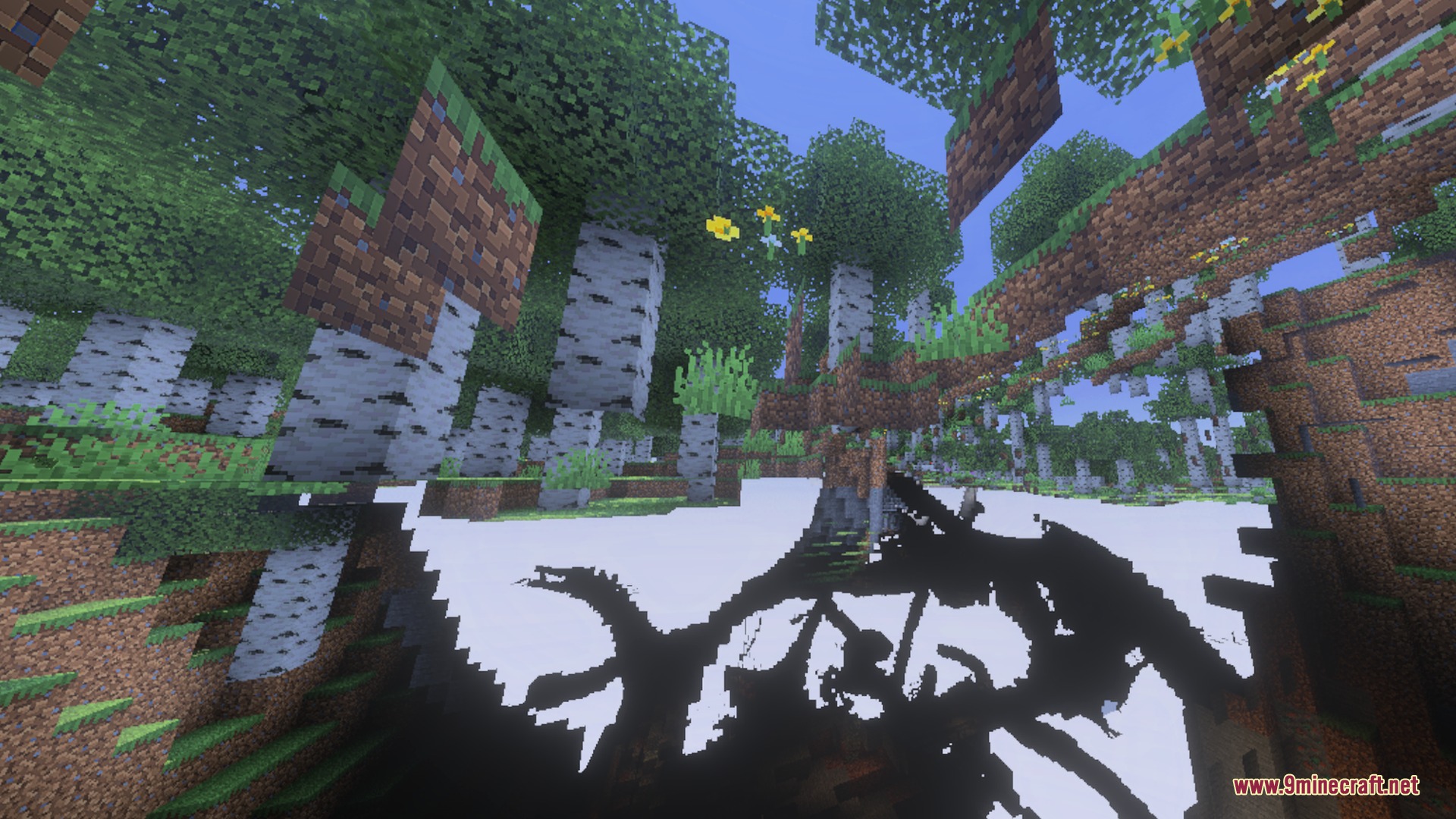 Nova Light Shader Screenshot 7 Minecraft birch forest with floating blocks and dark shadow effects on the ground
