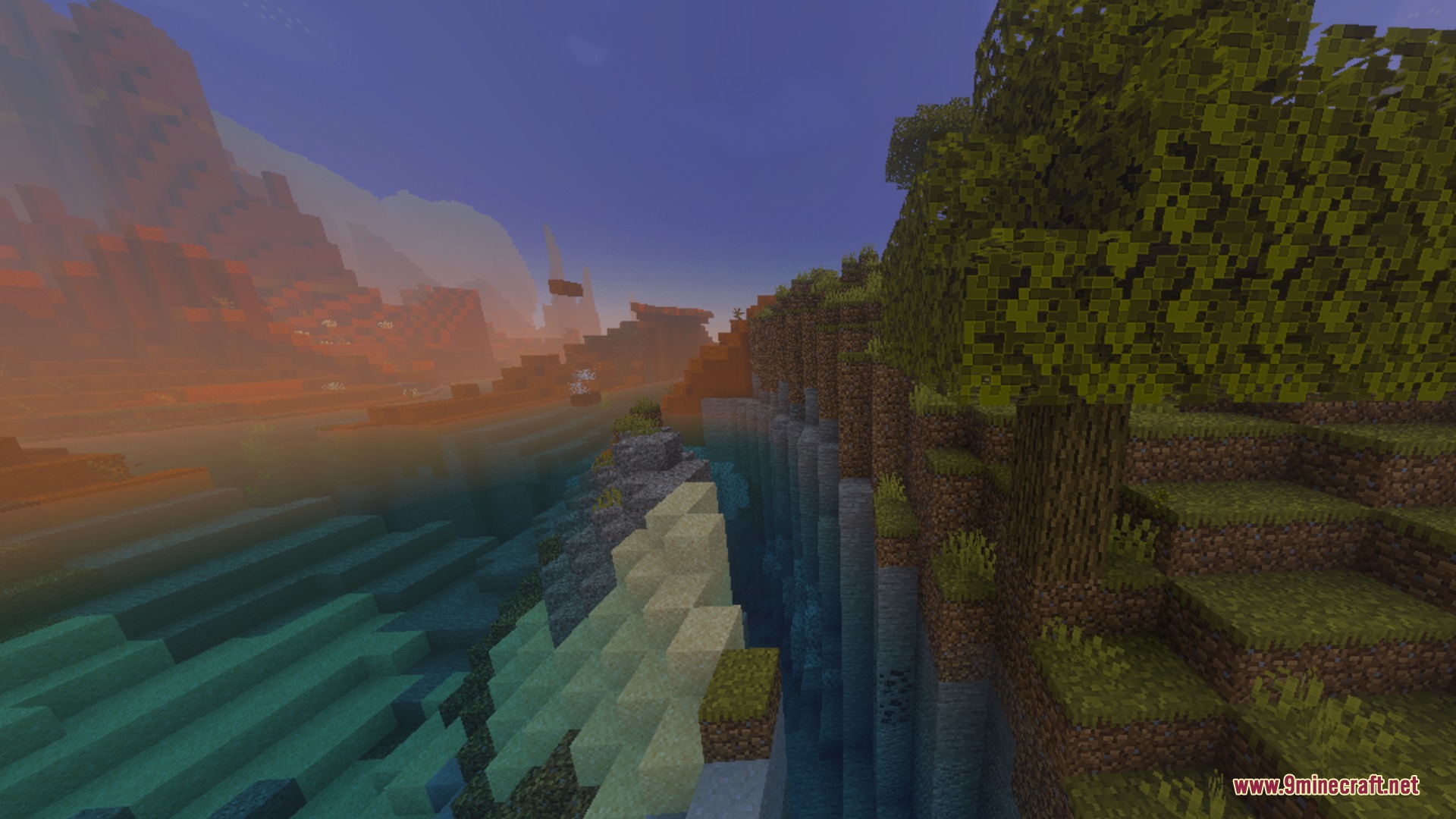 Nova Light Shader Screenshot 8 Nova light shader adds soft sunset lighting to a scenic Minecraft river valley