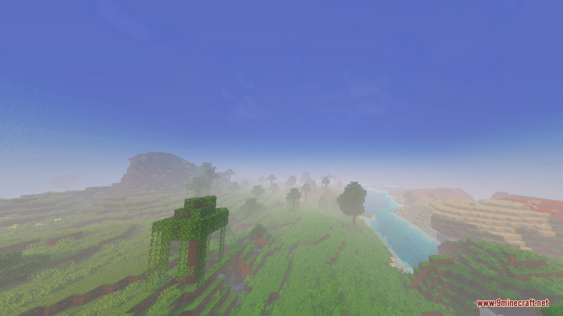 Nova Light Shader Screenshot 9 A scenic Minecraft landscape with green hills and a river under bright skies