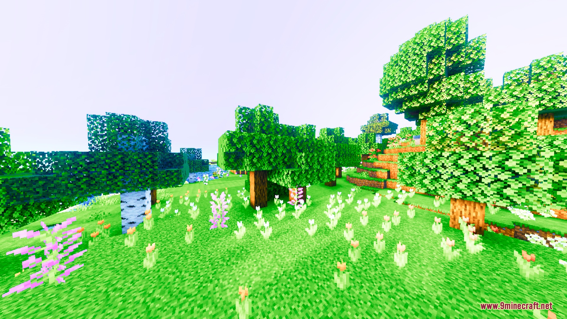 Warm and saturated Minecraft landscape featuring a flower forest with lush green trees