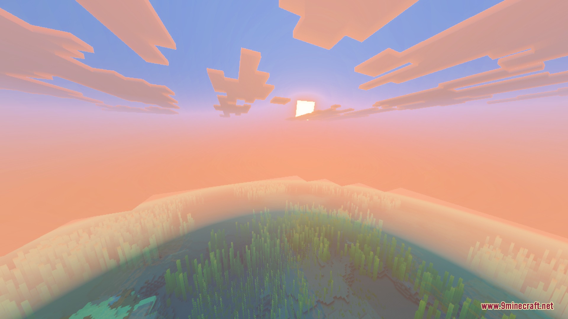 Vibrant sunset over a kelp forest featuring volumetric fog and orange skies