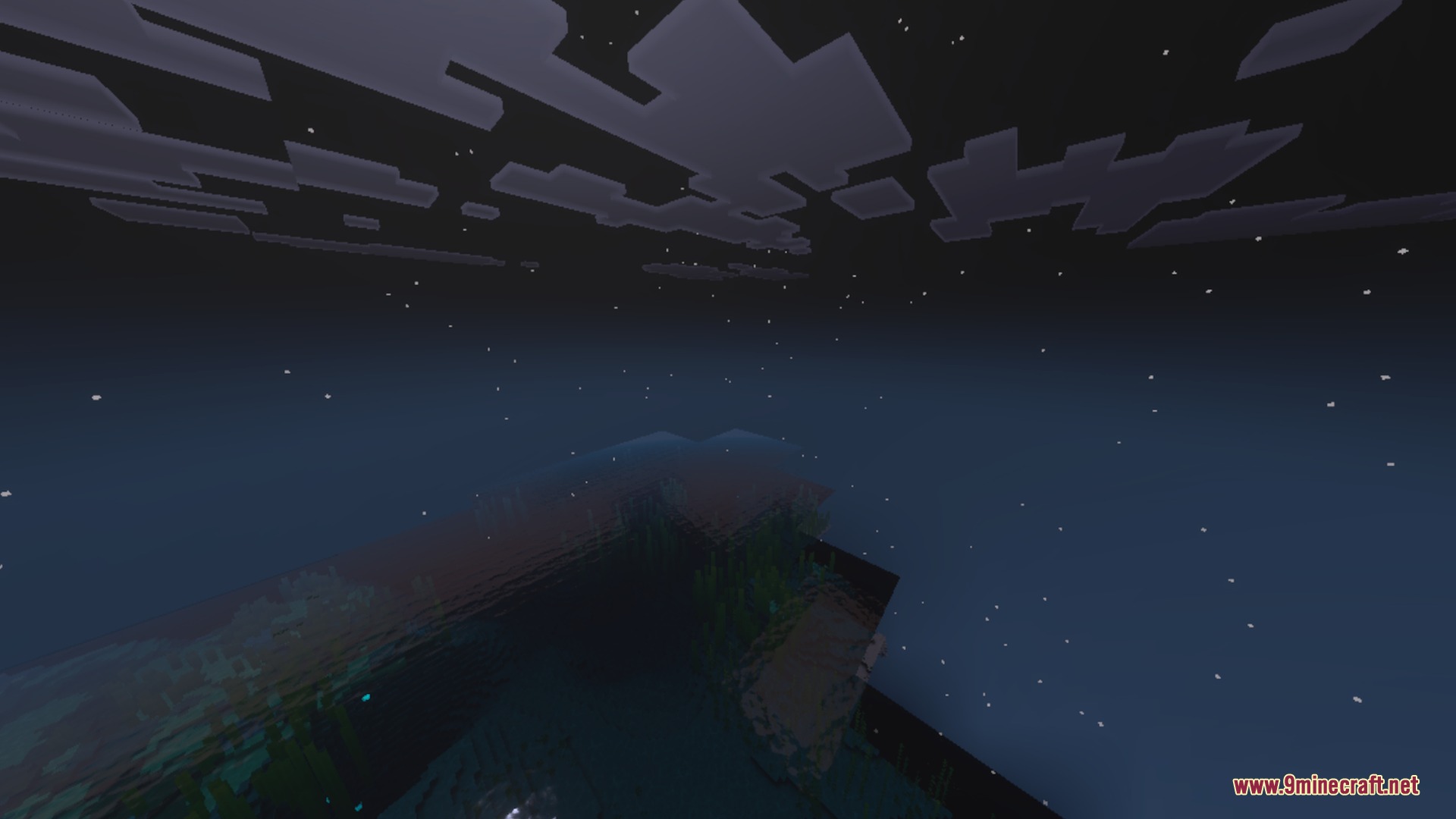 Night sky filled with stars and blocky clouds over a dark ocean biome