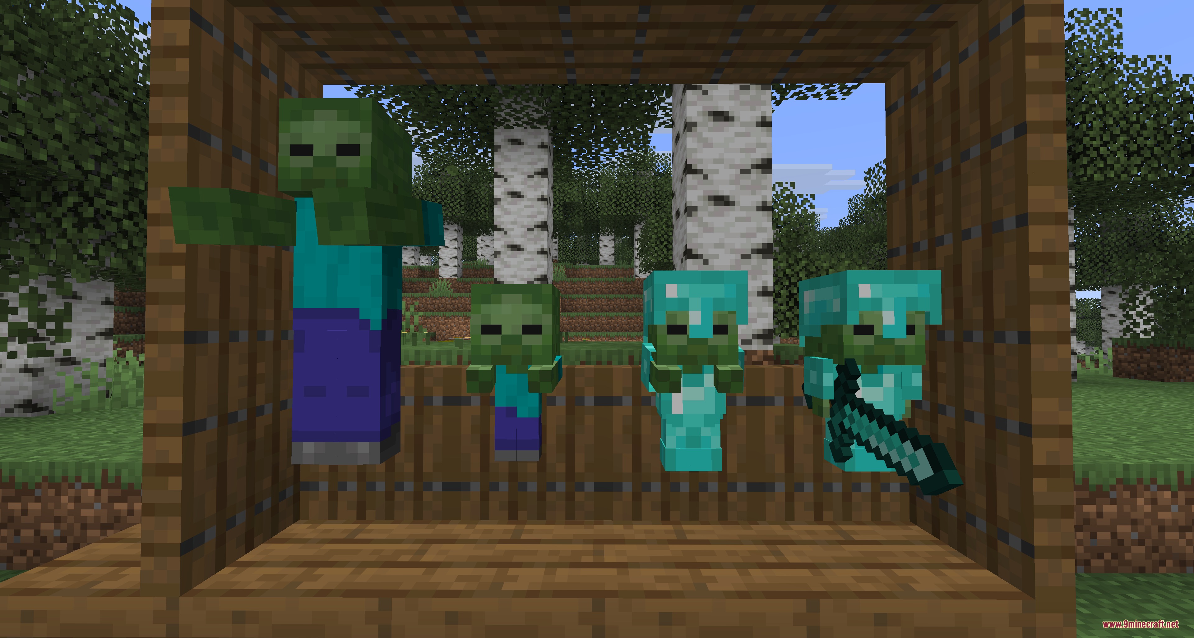 A regular zombie and baby zombies with refined facial textures in a frame