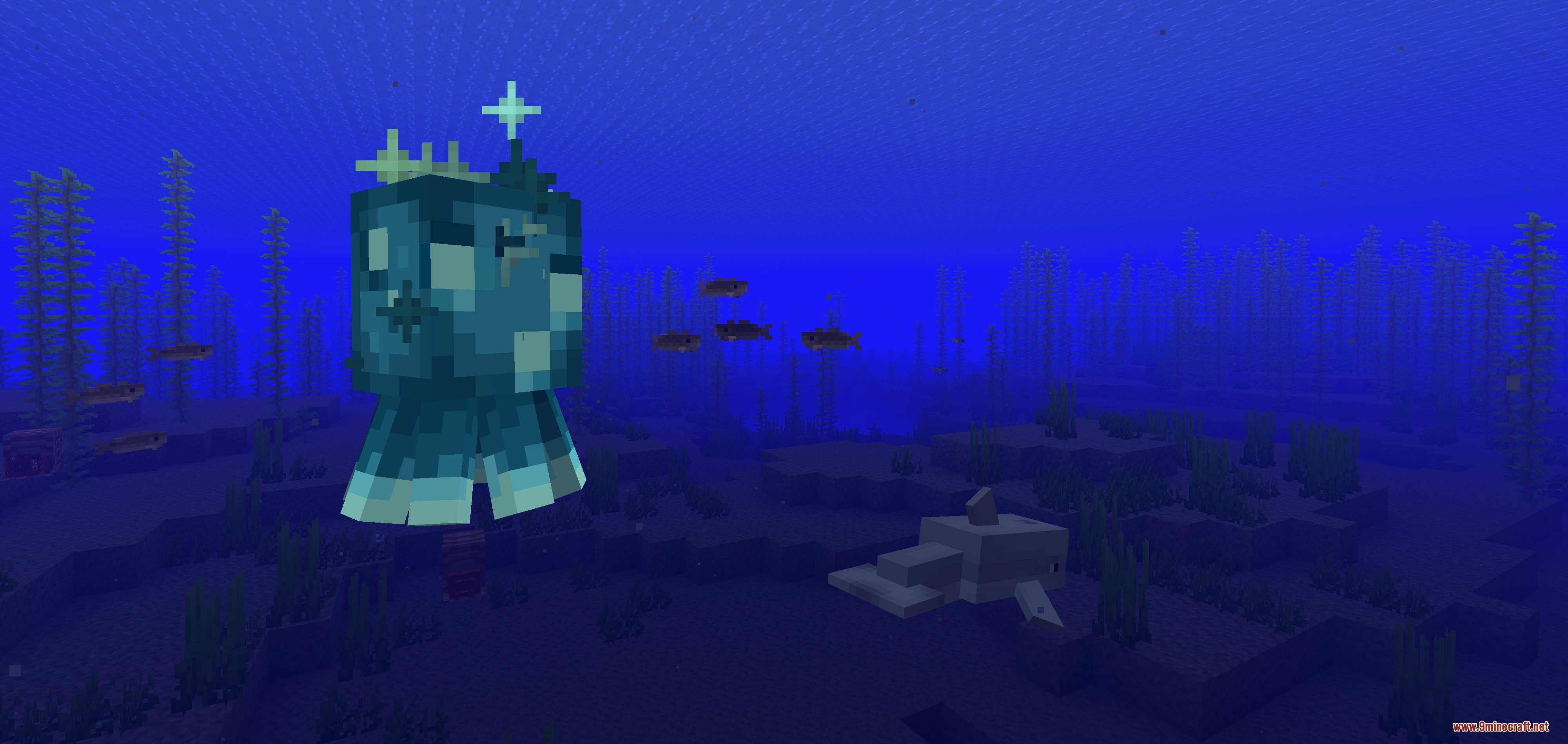 A baby glow squid with improved eye textures swimming through an underwater kelp forest