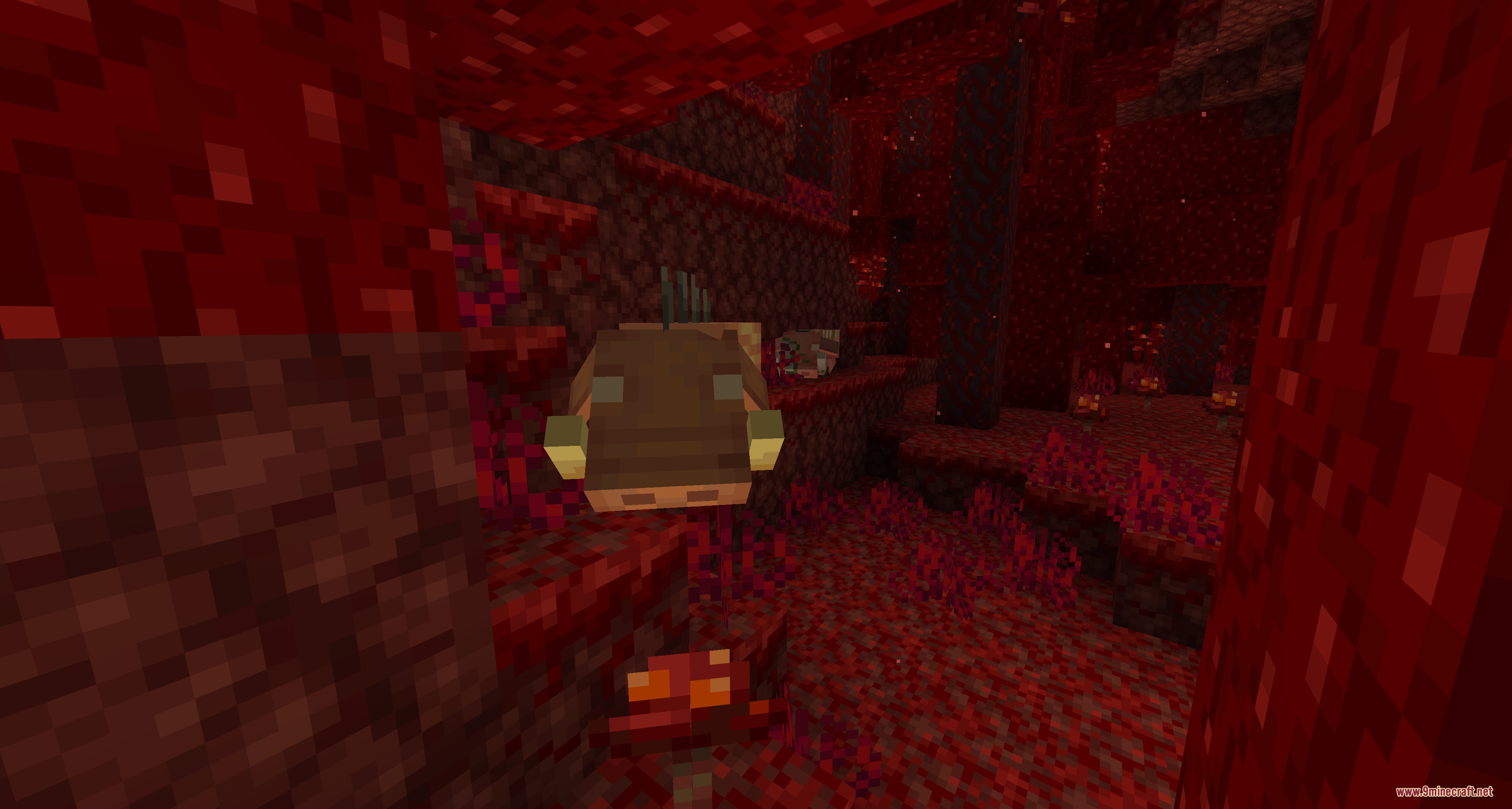 A baby piglin with updated facial textures standing in the crimson forest biome