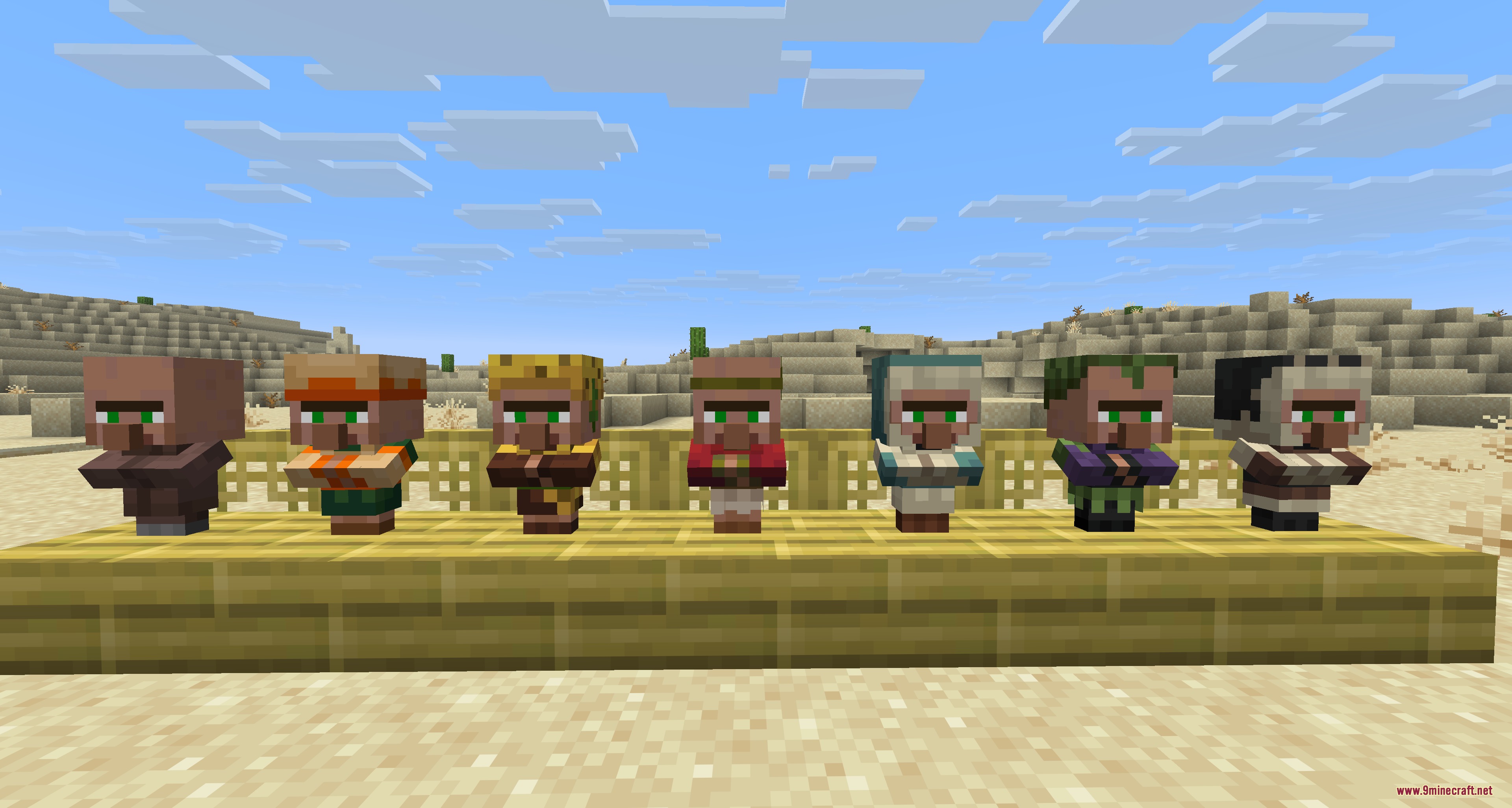 Seven baby villagers with refined textures standing on a wooden platform in a desert