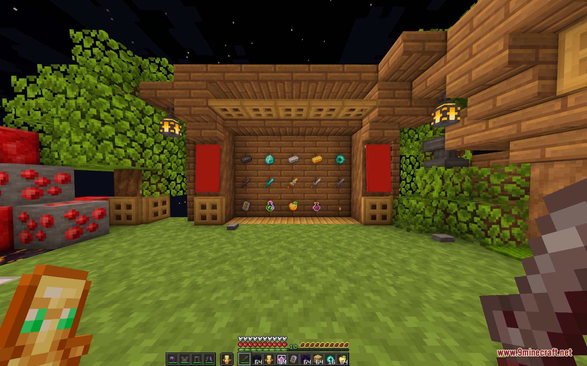 A wooden wall showcasing various sharp tools and items in item frames