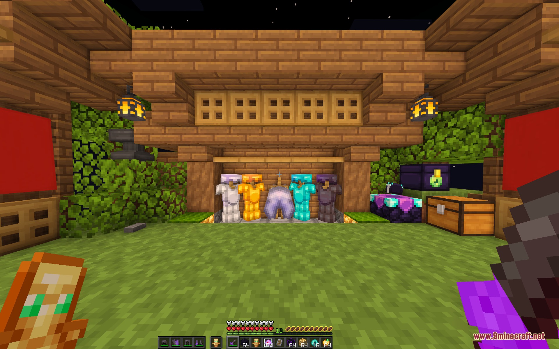 Five armor stands displaying different sets of armor inside a wooden structure