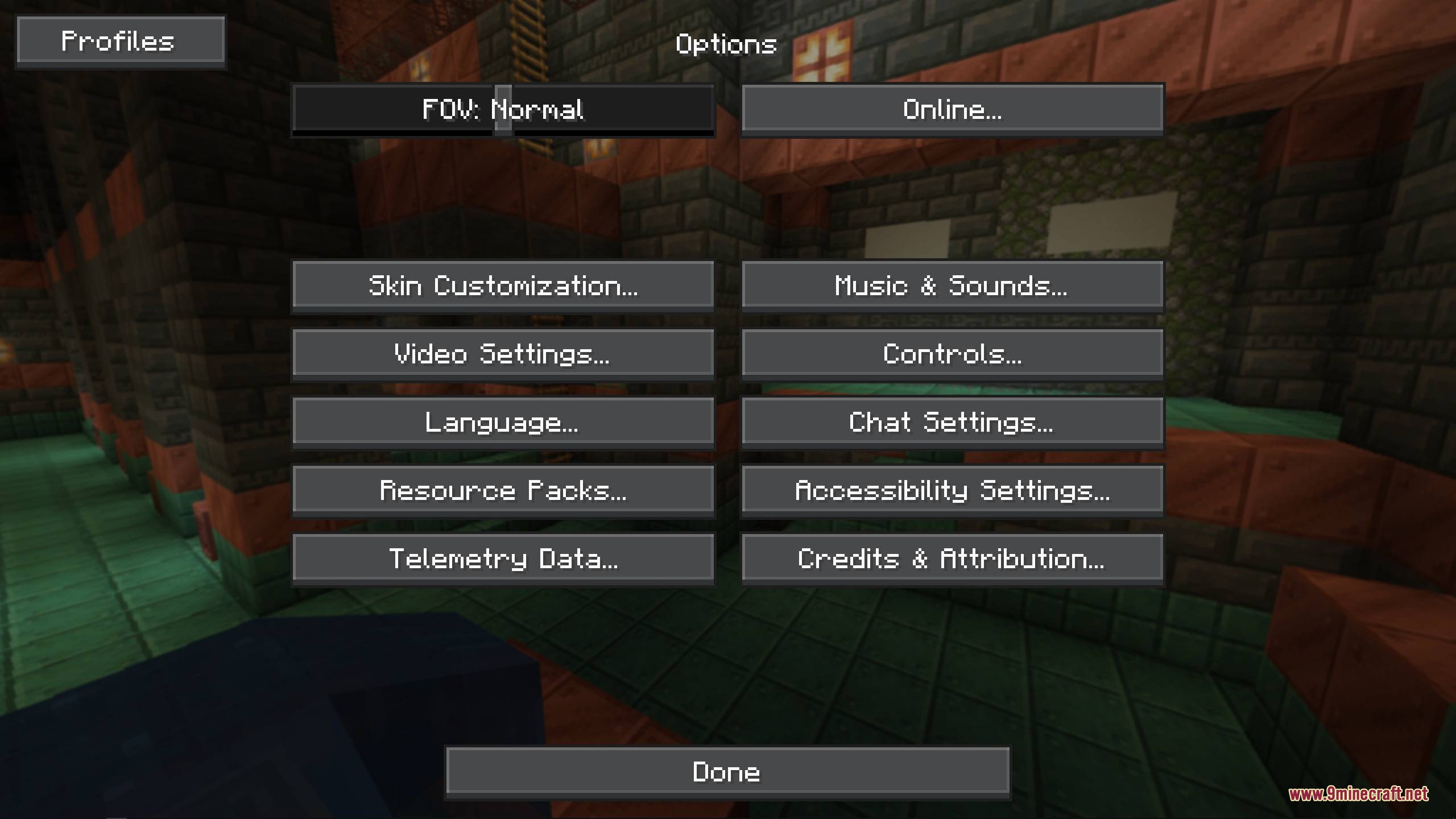 Obsidian Interface Resource Pack Screenshot 4 A dark transparent options menu overlays a copper room with a profiles button